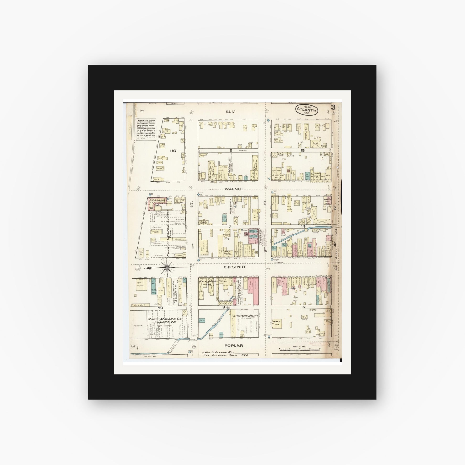 Old map wall art mockup — black gallery frame with white mat — Sanborn Fire Insurance Map from Atlantic, Cass County, Iowa (1883), Sheet #0003
