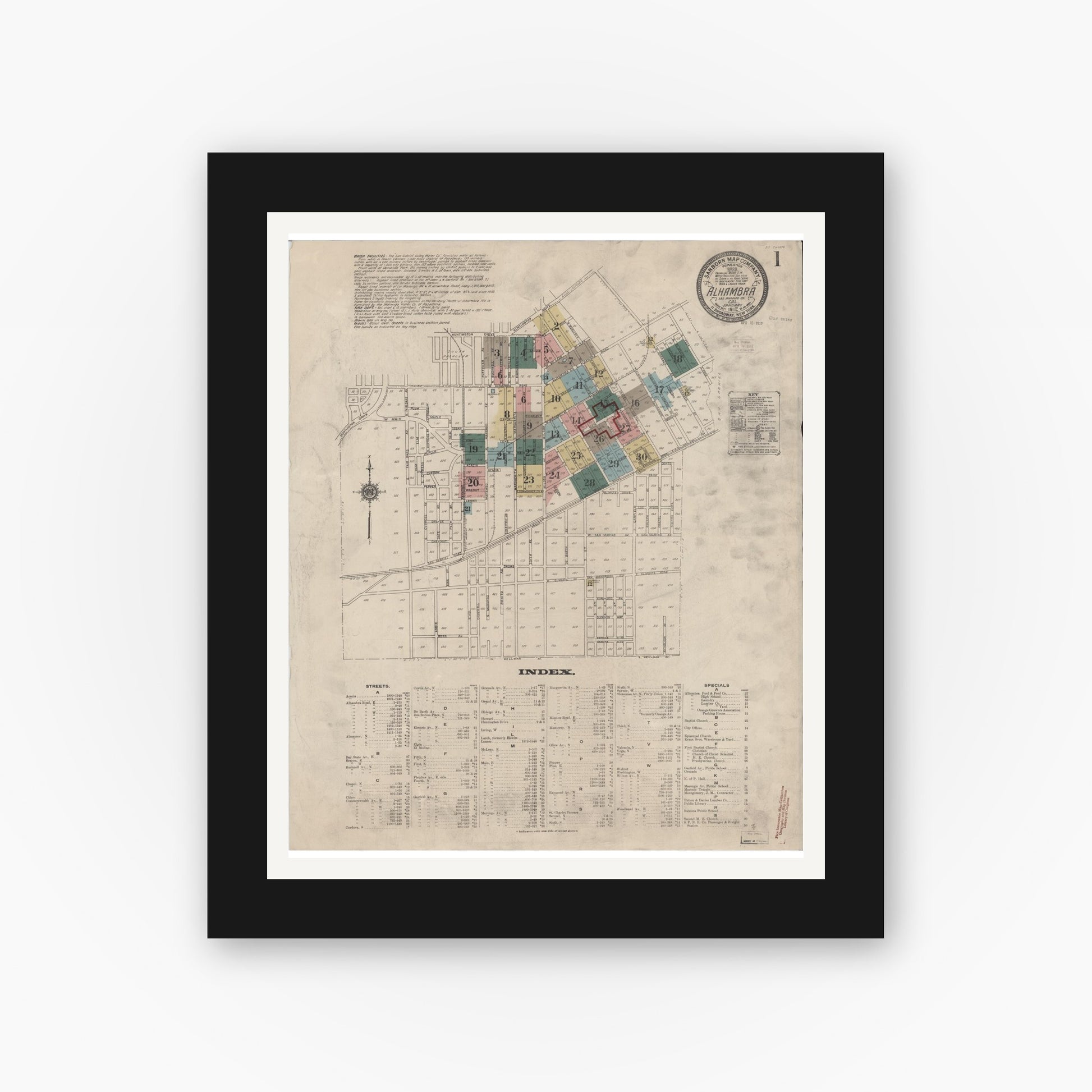 Old map wall art mockup — black gallery frame with white mat — Sanborn Fire Insurance Map from Alhambra, Los Angeles County, California (1912), Sheet #0001