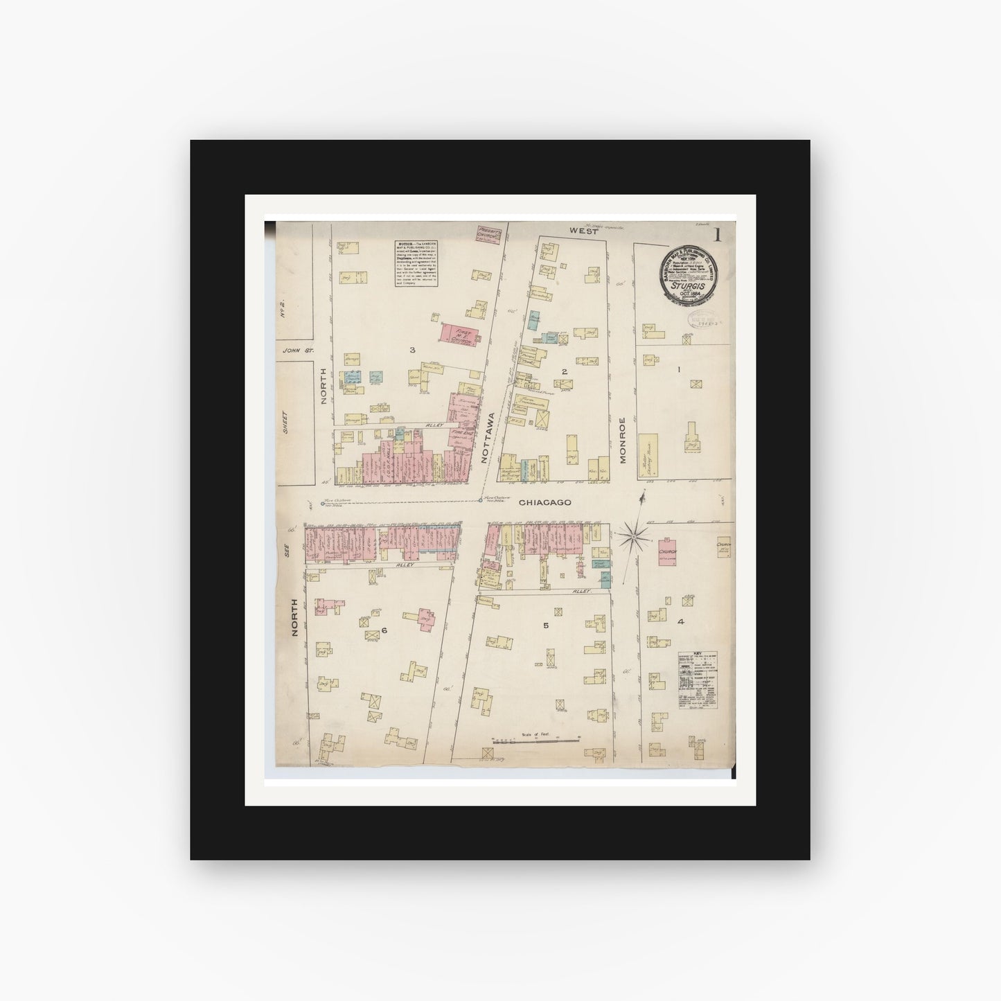 Old map wall art mockup — black gallery frame with white mat — Sanborn Fire Insurance Map from Sturgis, Saint Joseph County, Michigan (1884) - Complete Map Set