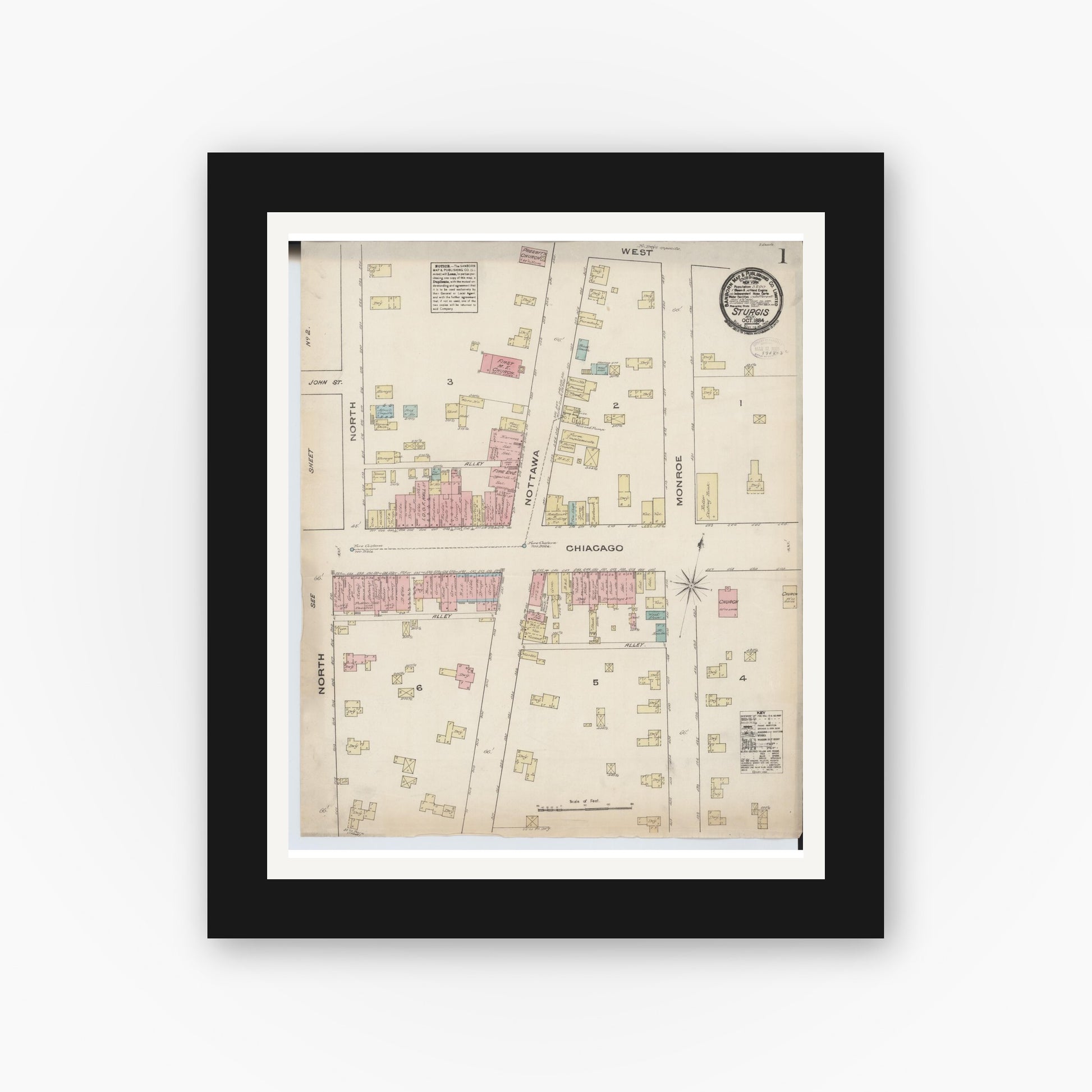 Old map wall art mockup — black gallery frame with white mat — Sanborn Fire Insurance Map from Sturgis, Saint Joseph County, Michigan (1884) - Complete Map Set