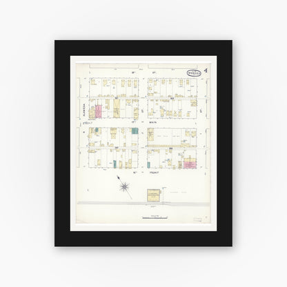 Old map wall art mockup — black gallery frame with white mat — Sanborn Fire Insurance Map from Merced, Merced County, California (1891), Sheet #0004
