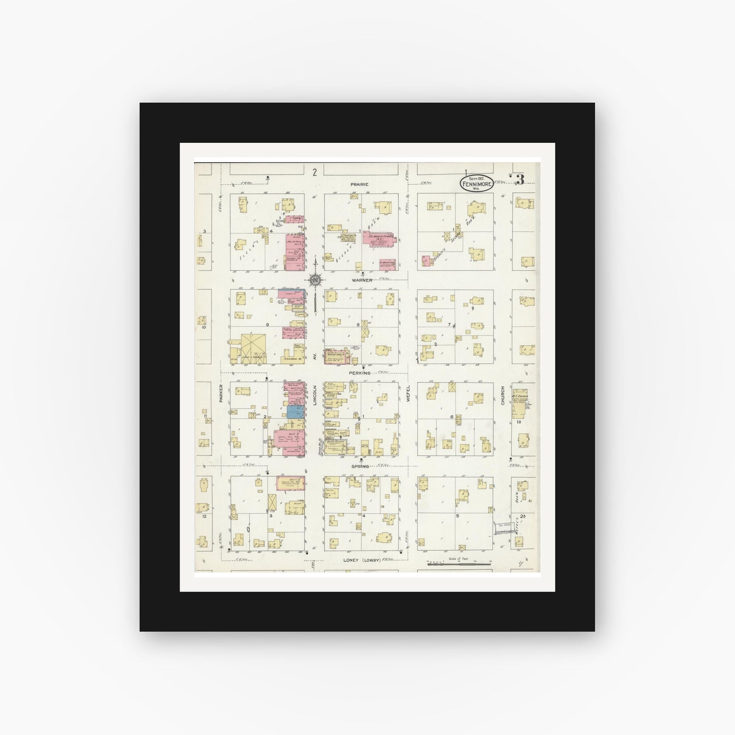 Old map wall art mockup — black gallery frame with white mat — Sanborn Fire Insurance Map from Fennimore, Grant County, Wisconsin (1912), Sheet #0003