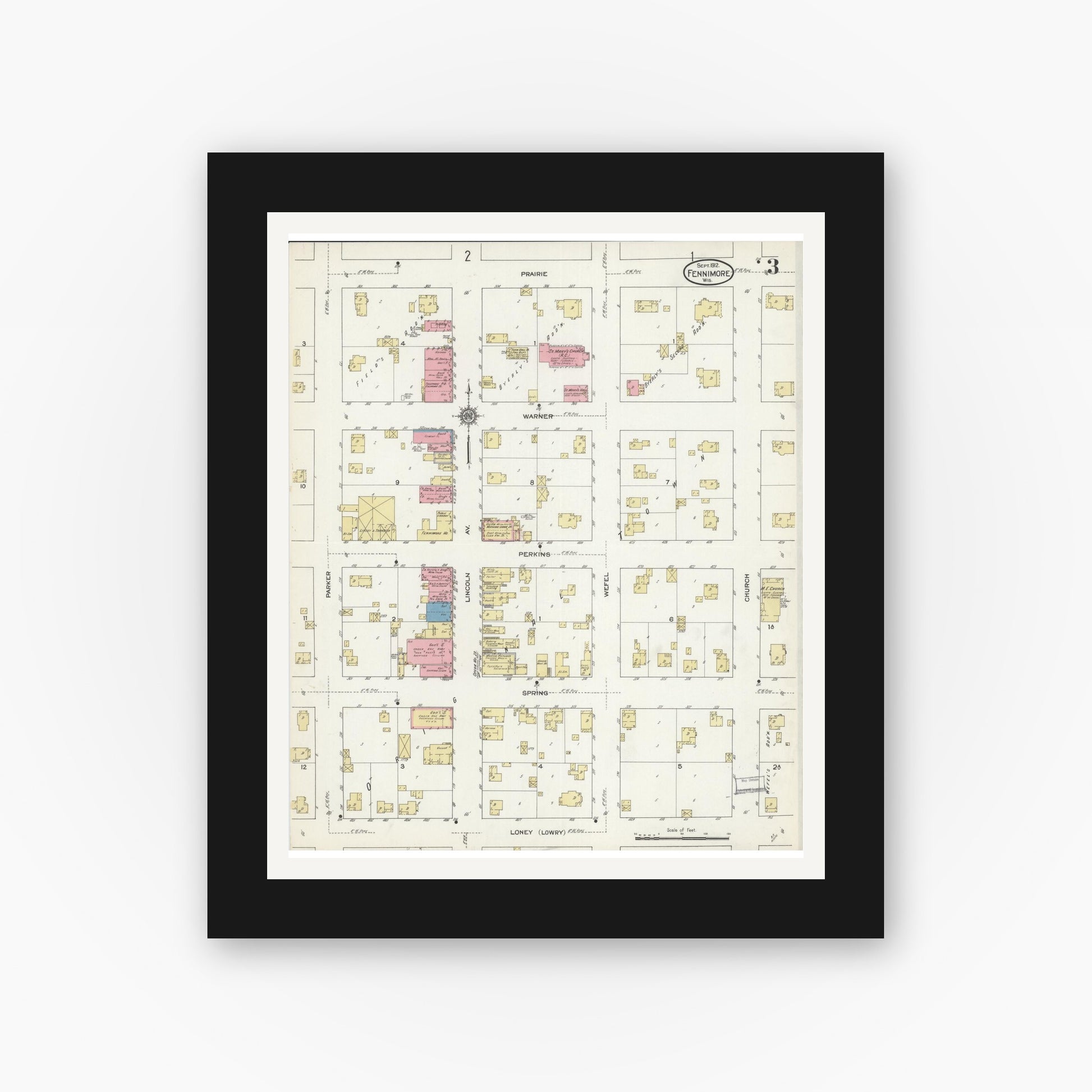 Old map wall art mockup — black gallery frame with white mat — Sanborn Fire Insurance Map from Fennimore, Grant County, Wisconsin (1912), Sheet #0003