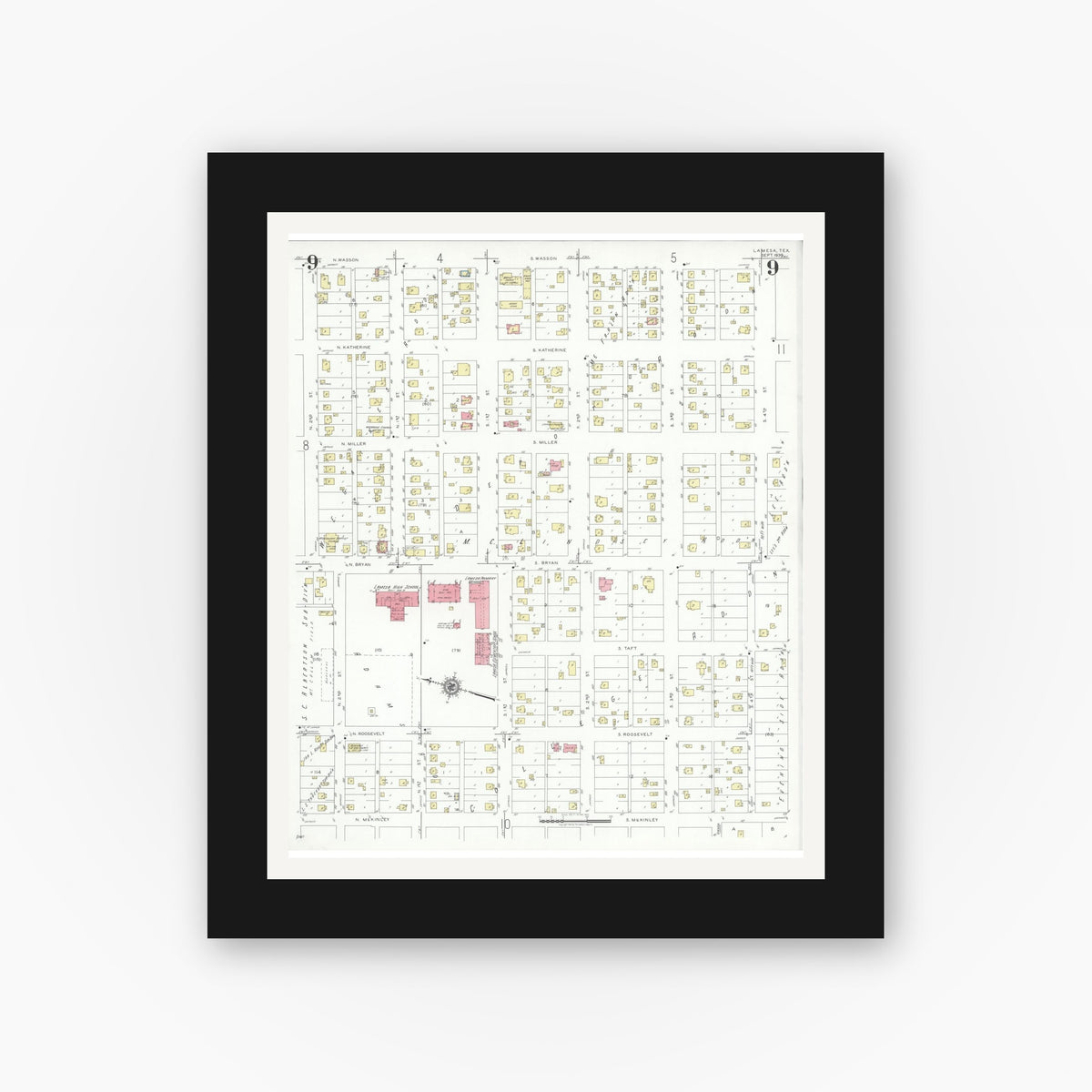 Old map wall art mockup — black gallery frame with white mat — Sanborn Fire Insurance Map from Lamesa, Dawson County, Texas (1939), Sheet #0009