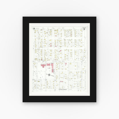 Old map wall art mockup — black gallery frame with white mat — Sanborn Fire Insurance Map from Lamesa, Dawson County, Texas (1939), Sheet #0009