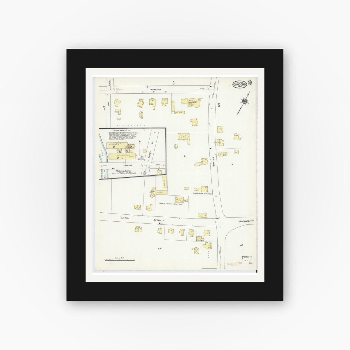 Old map wall art mockup — black gallery frame with white mat — Sanborn Fire Insurance Map from Concord, Middlesex County, Massachusetts (1909), Sheet #0009