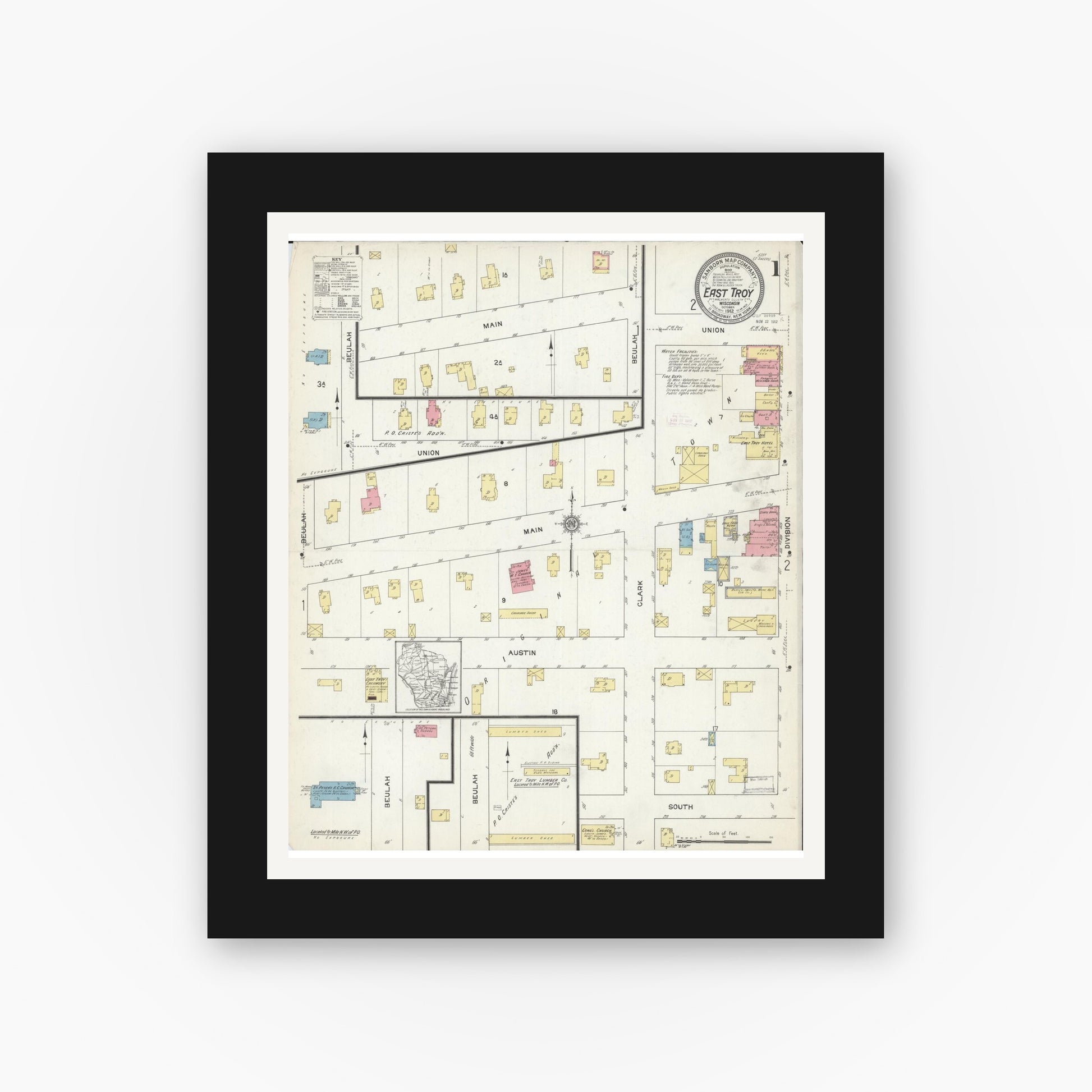 Old map wall art mockup — black gallery frame with white mat — Sanborn Fire Insurance Map from East Troy, Walworth County, Wisconsin (1912) - Complete Map Set