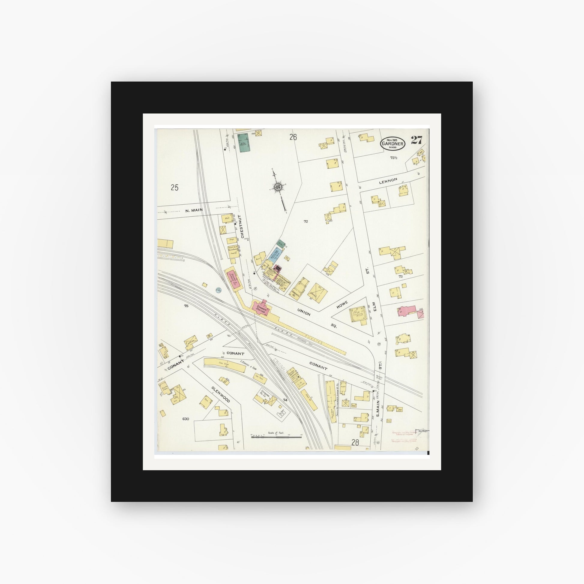 Old map wall art mockup — black gallery frame with white mat — Sanborn Fire Insurance Map from Gardner, Worcester County, Massachusetts (1909), Sheet #0027