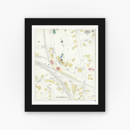 Old map wall art mockup — black gallery frame with white mat — Sanborn Fire Insurance Map from Gardner, Worcester County, Massachusetts (1909), Sheet #0027