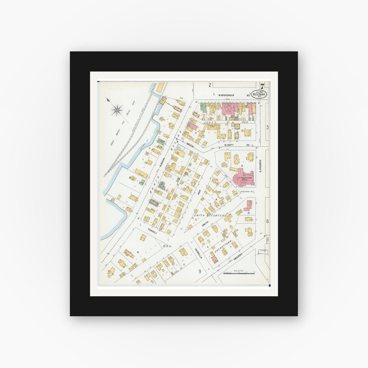 Old map wall art mockup — black gallery frame with white mat — Sanborn Fire Insurance Map from Neenah, Winnebago County, Wisconsin (1900), Sheet #0007