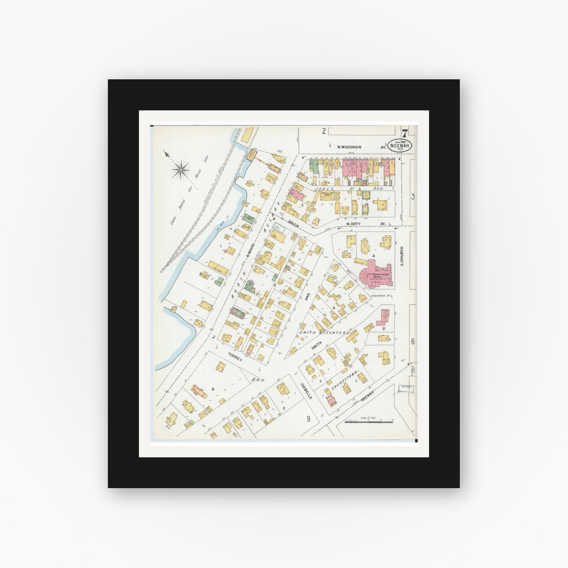 Old map wall art mockup — black gallery frame with white mat — Sanborn Fire Insurance Map from Neenah, Winnebago County, Wisconsin (1900), Sheet #0007