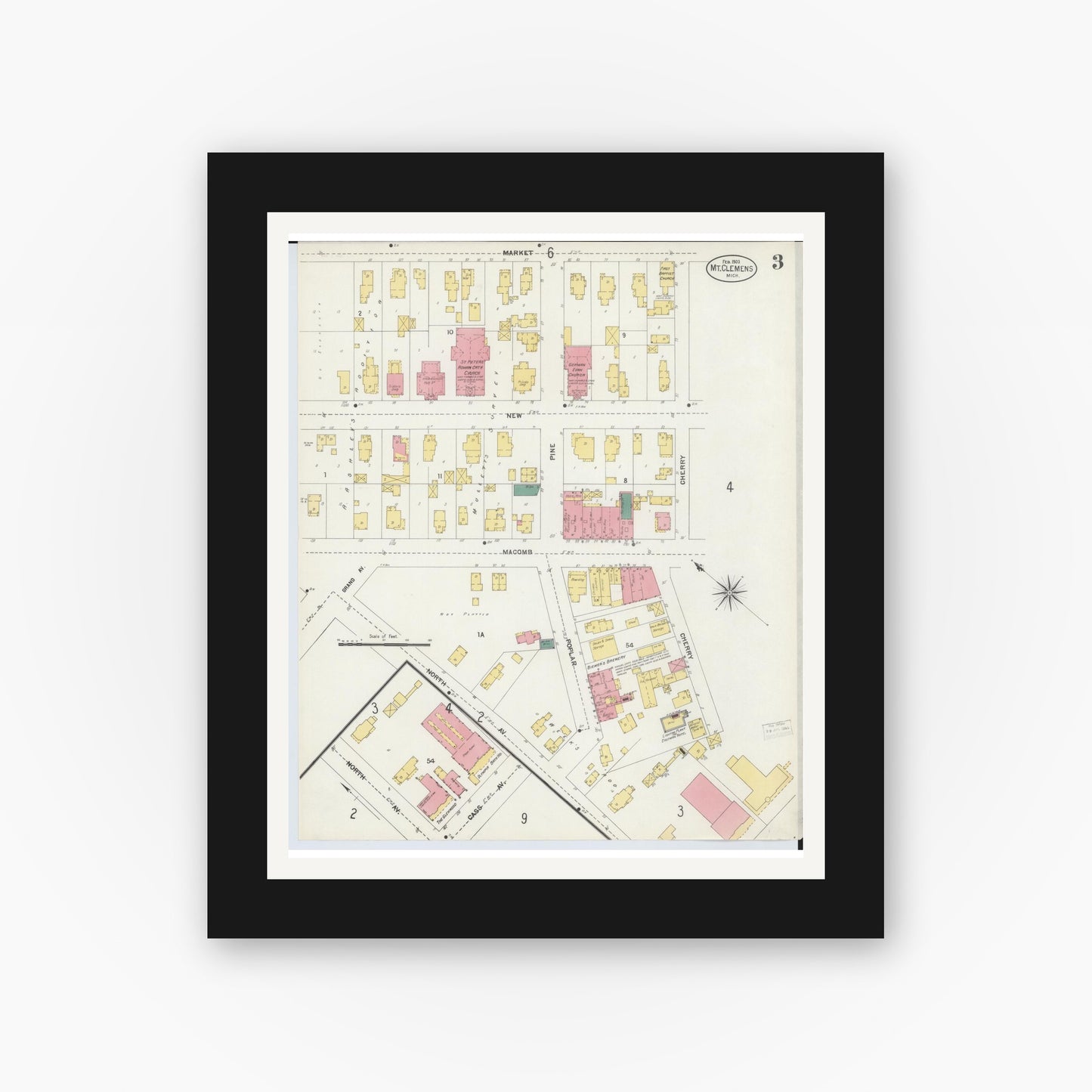 Old map wall art mockup — black gallery frame with white mat — Sanborn Fire Insurance Map from Mount Clemens, Macomb County, Michigan (1903), Sheet #0003