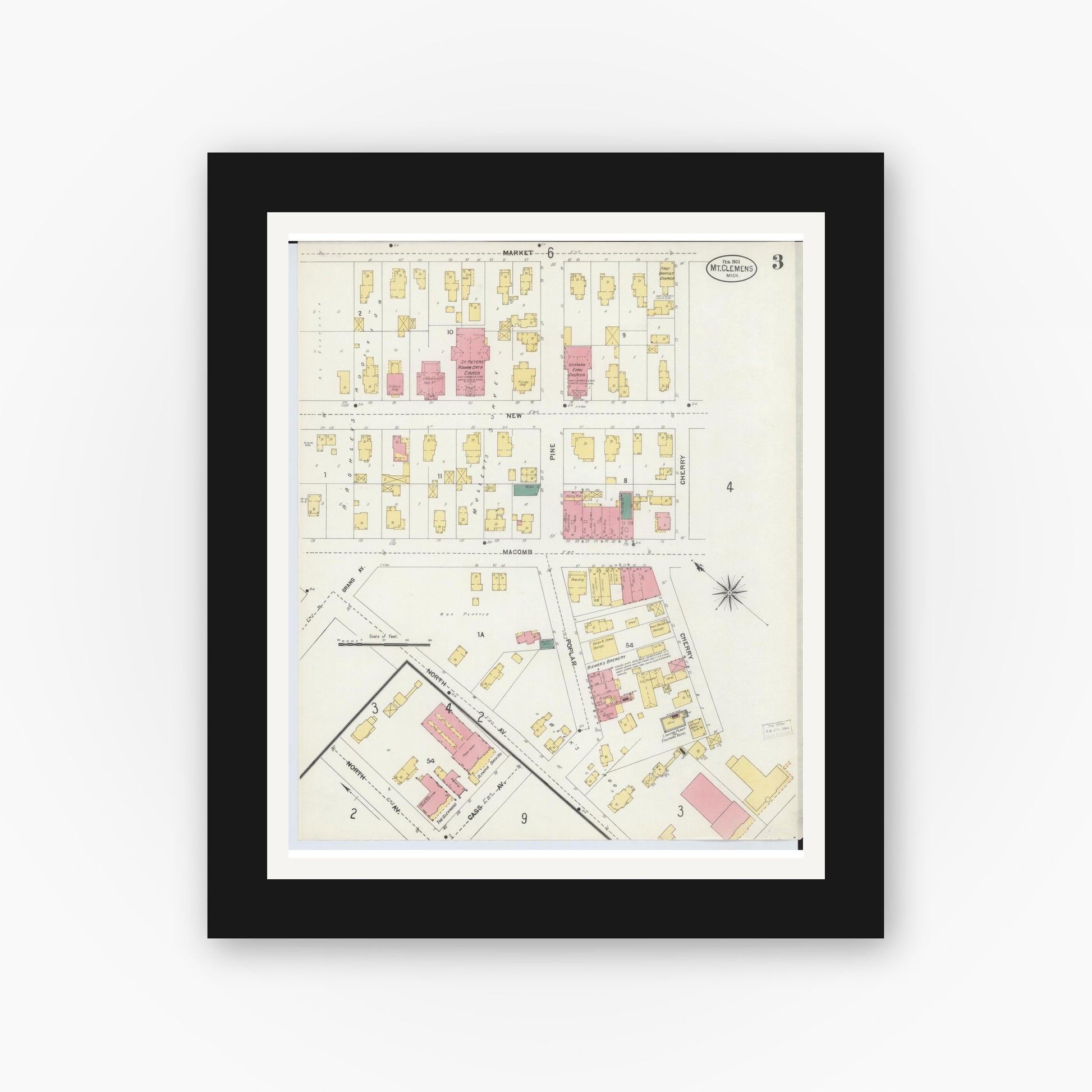 Old map wall art mockup — black gallery frame with white mat — Sanborn Fire Insurance Map from Mount Clemens, Macomb County, Michigan (1903), Sheet #0003