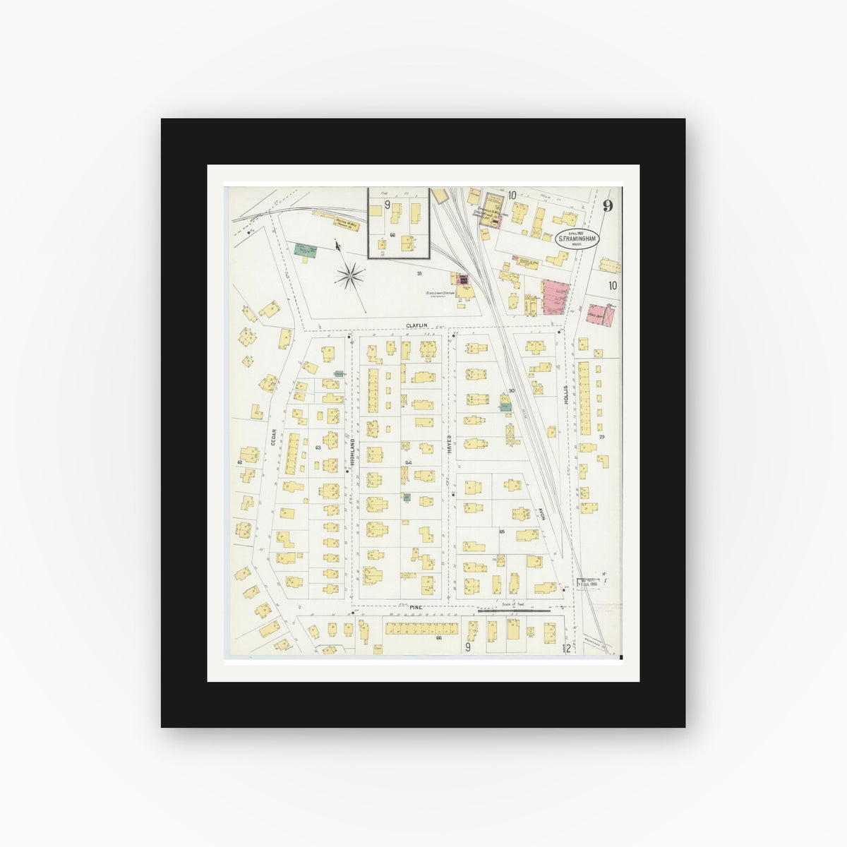 Old map wall art mockup — black gallery frame with white mat — Sanborn Fire Insurance Map from South Farmington, Middlesex County, Massachusetts (1903), Sheet #0009