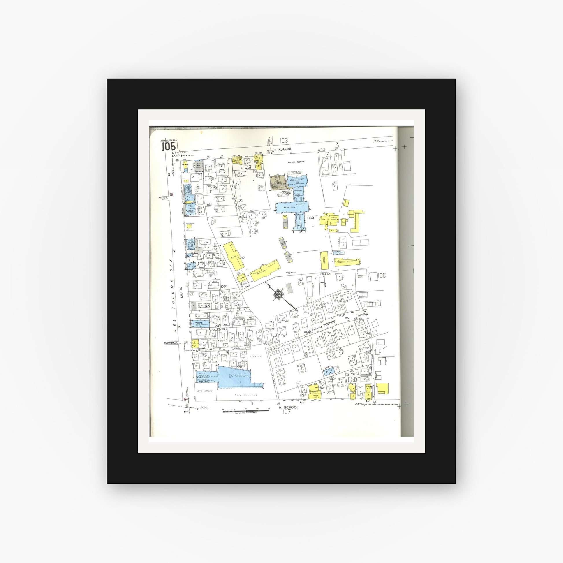 Old map wall art mockup — black gallery frame with white mat — Sanborn Fire Insurance Map from Honolulu, Oahu County, Hawaii (1955), Sheet #0105