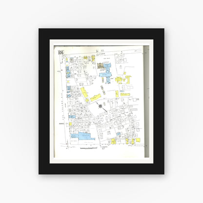 Old map wall art mockup — black gallery frame with white mat — Sanborn Fire Insurance Map from Honolulu, Oahu County, Hawaii (1955), Sheet #0105