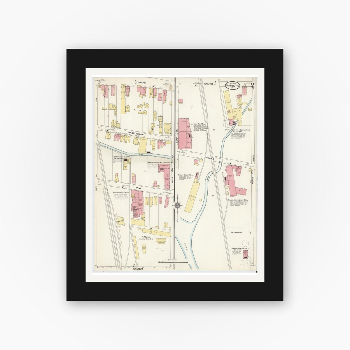 Old map wall art mockup — black gallery frame with white mat — Sanborn Fire Insurance Map from Hamburg, Berks County, Pennsylvania (1910), Sheet #0002