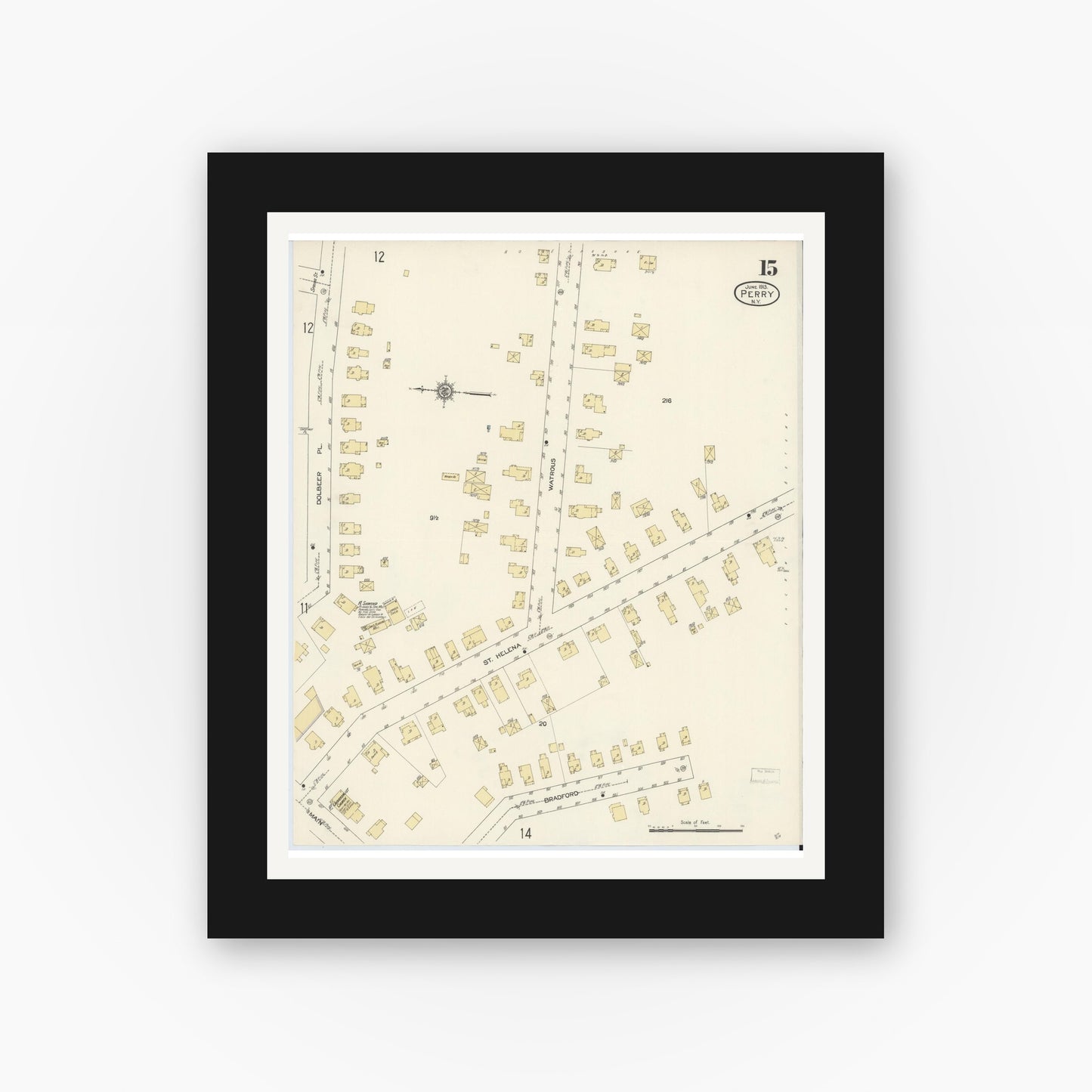 Old map wall art mockup — black gallery frame with white mat — Sanborn Fire Insurance Map from Perry, Wyoming County, New York (1913), Sheet #0015