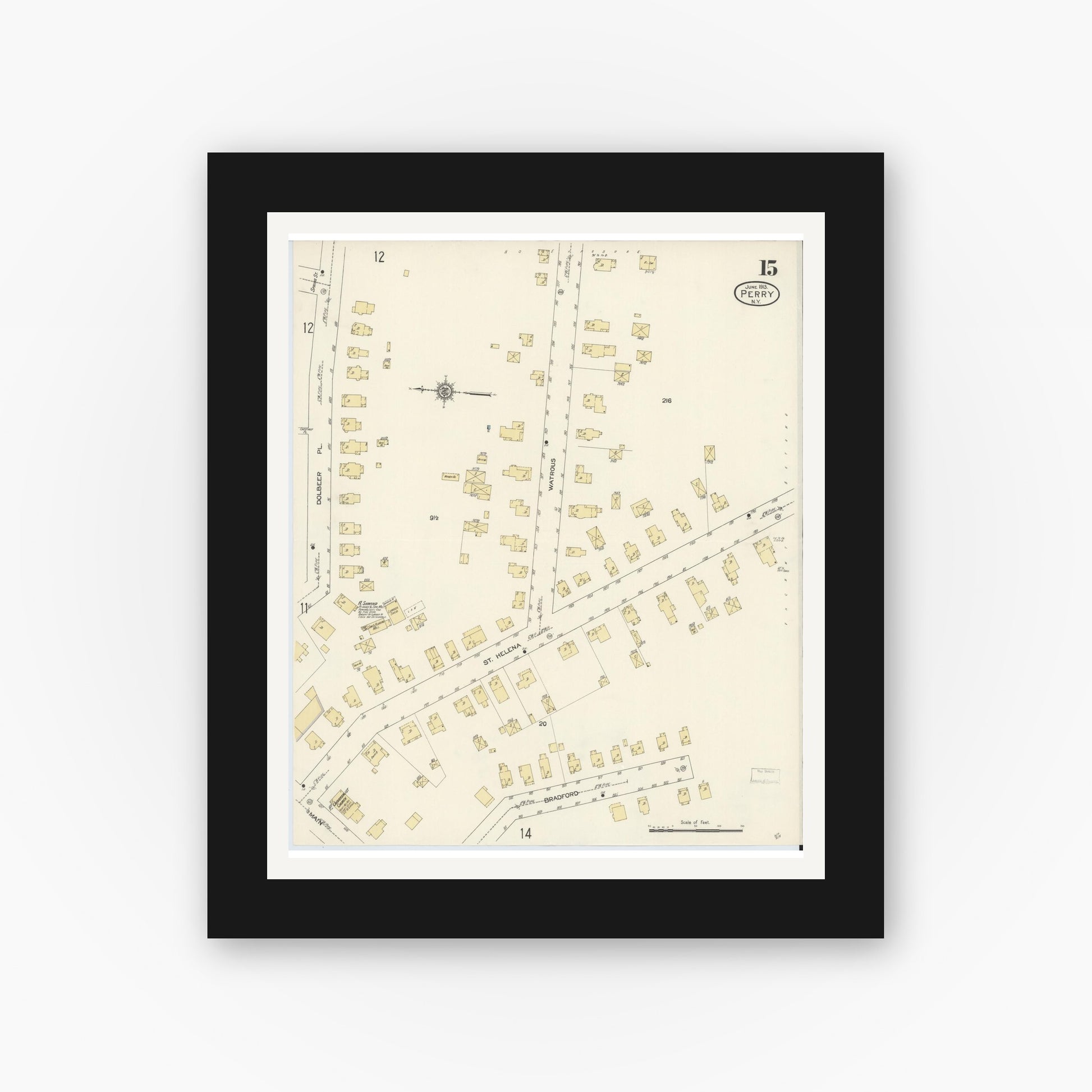 Old map wall art mockup — black gallery frame with white mat — Sanborn Fire Insurance Map from Perry, Wyoming County, New York (1913), Sheet #0015