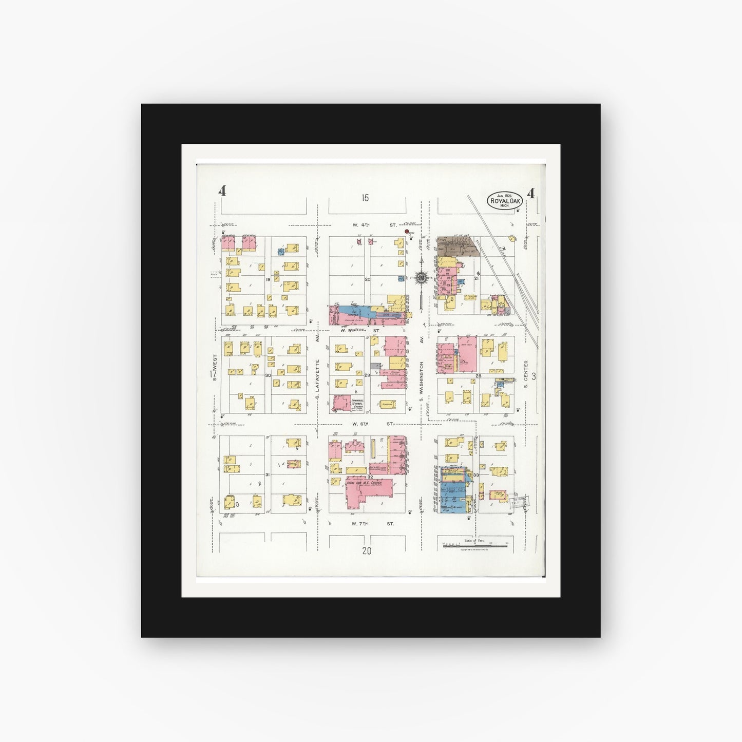 Old map wall art mockup — black gallery frame with white mat — Sanborn Fire Insurance Map from Royal Oak, Oakland County, Michigan (1926), Sheet #0004