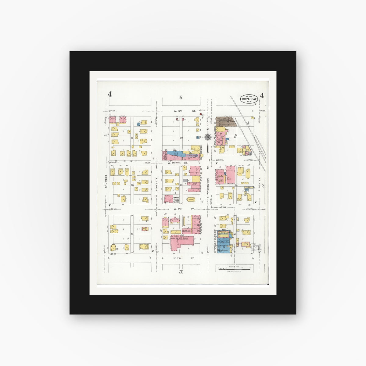 Old map wall art mockup — black gallery frame with white mat — Sanborn Fire Insurance Map from Royal Oak, Oakland County, Michigan (1926), Sheet #0004