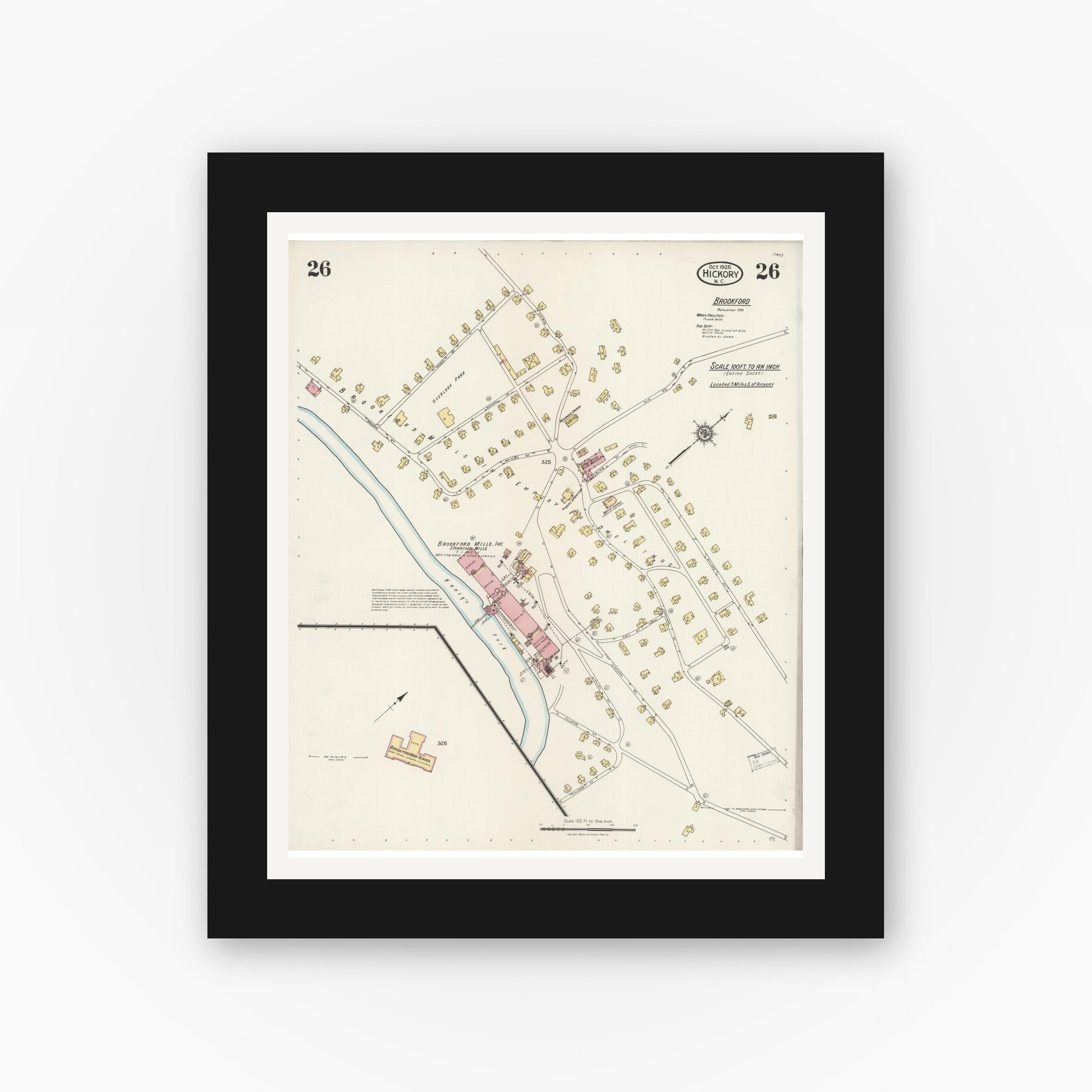 Old map wall art mockup — black gallery frame with white mat — Sanborn Fire Insurance Map from Hickory, Catawba County, North Carolina (1925), Sheet #0026