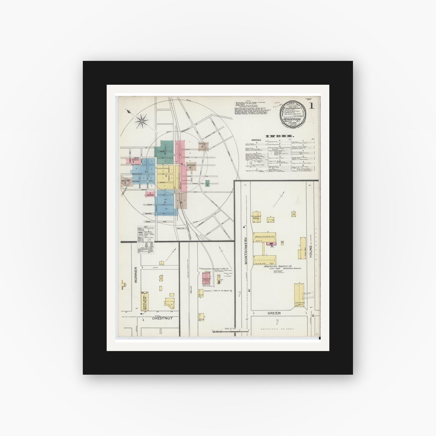 Old map wall art mockup — black gallery frame with white mat — Sanborn Fire Insurance Map from Henderson, Vance County, North Carolina (1893) - Complete Map Set