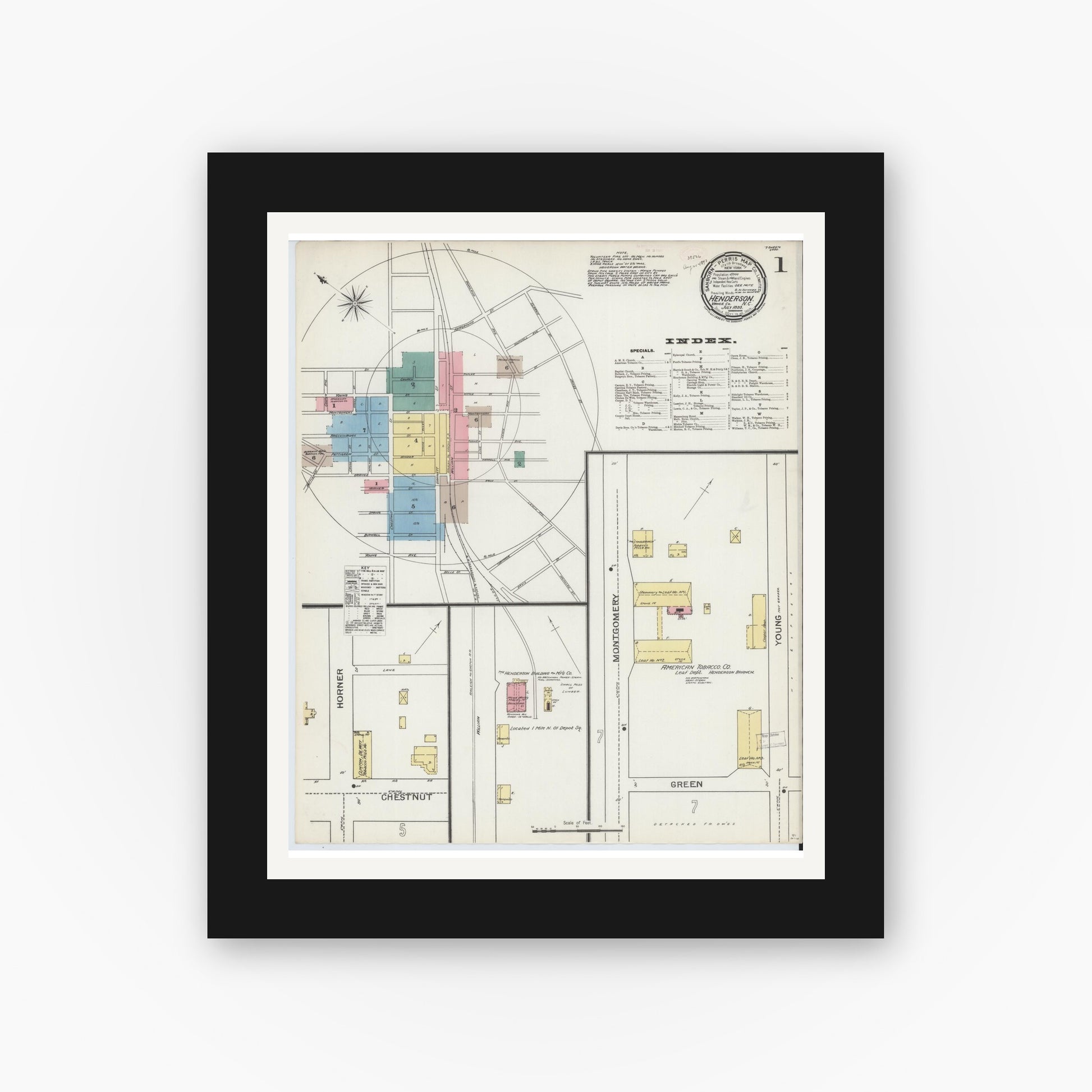 Old map wall art mockup — black gallery frame with white mat — Sanborn Fire Insurance Map from Henderson, Vance County, North Carolina (1893) - Complete Map Set