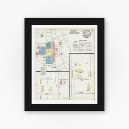 Old map wall art mockup — black gallery frame with white mat — Sanborn Fire Insurance Map from Henderson, Vance County, North Carolina (1893) - Complete Map Set