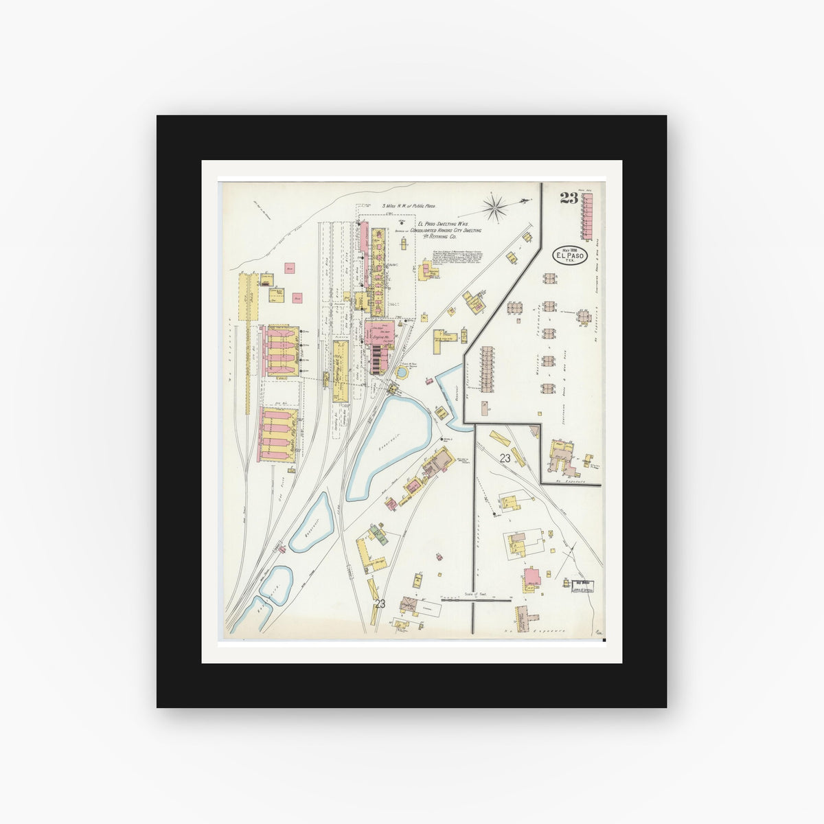 Old map wall art mockup — black gallery frame with white mat — Sanborn Fire Insurance Map from El Paso, El Paso County, Texas (1898), Sheet #0023