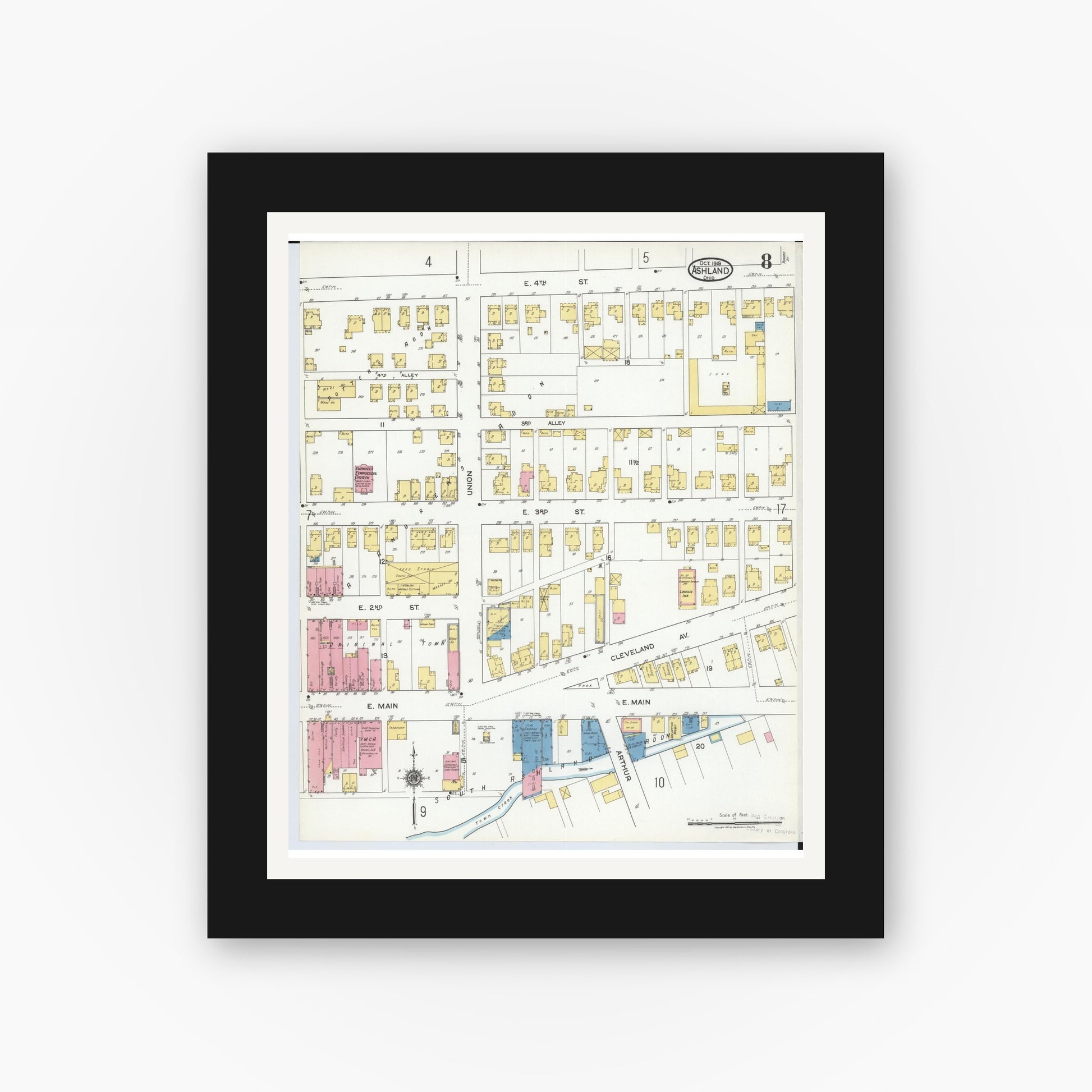 Old map wall art mockup — black gallery frame with white mat — Sanborn Fire Insurance Map from Ashland, Ashland County, Ohio (1919), Sheet #0008