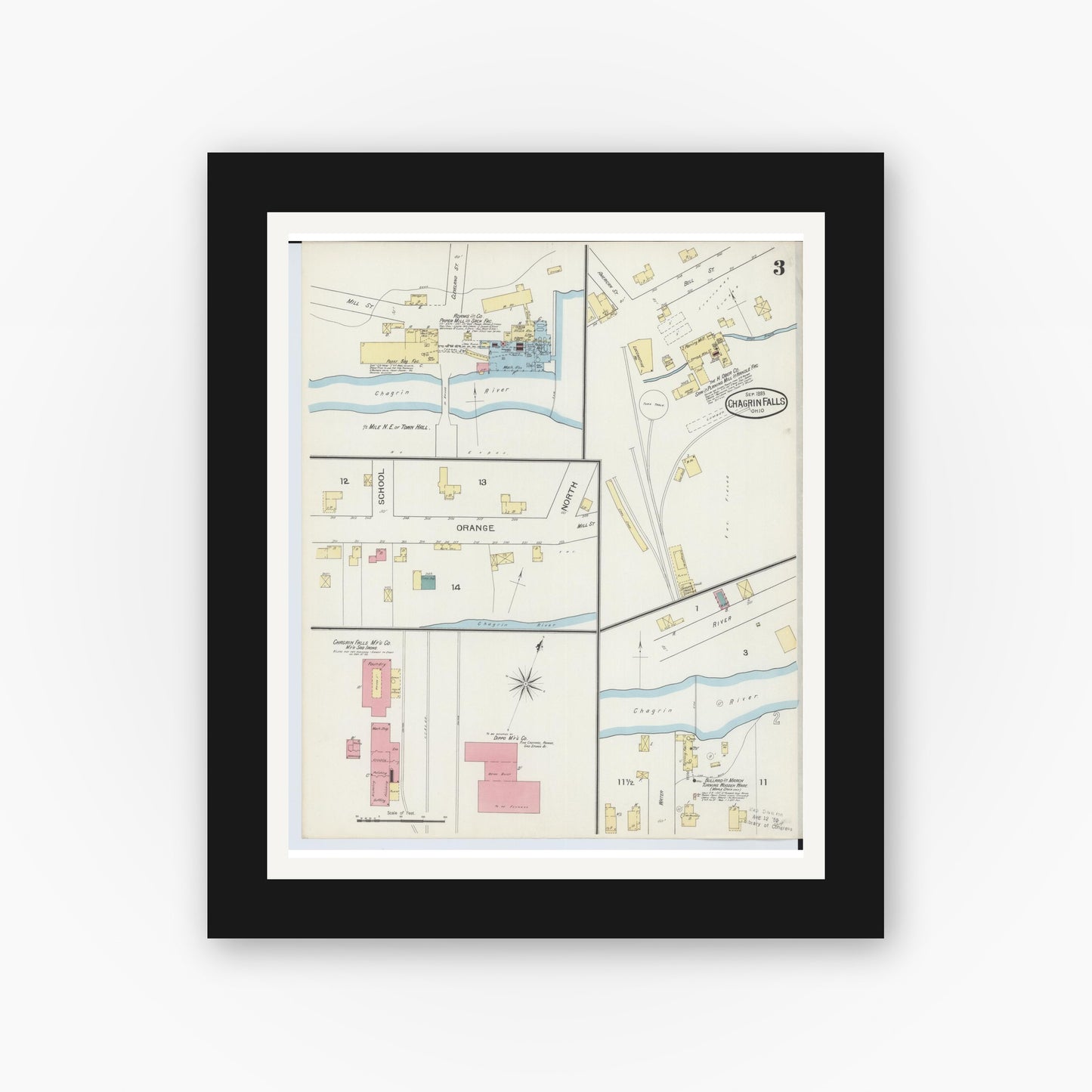 Old map wall art mockup — black gallery frame with white mat — Sanborn Fire Insurance Map from Chagrin Falls, Cuyahoga County, Ohio (1893), Sheet #0003