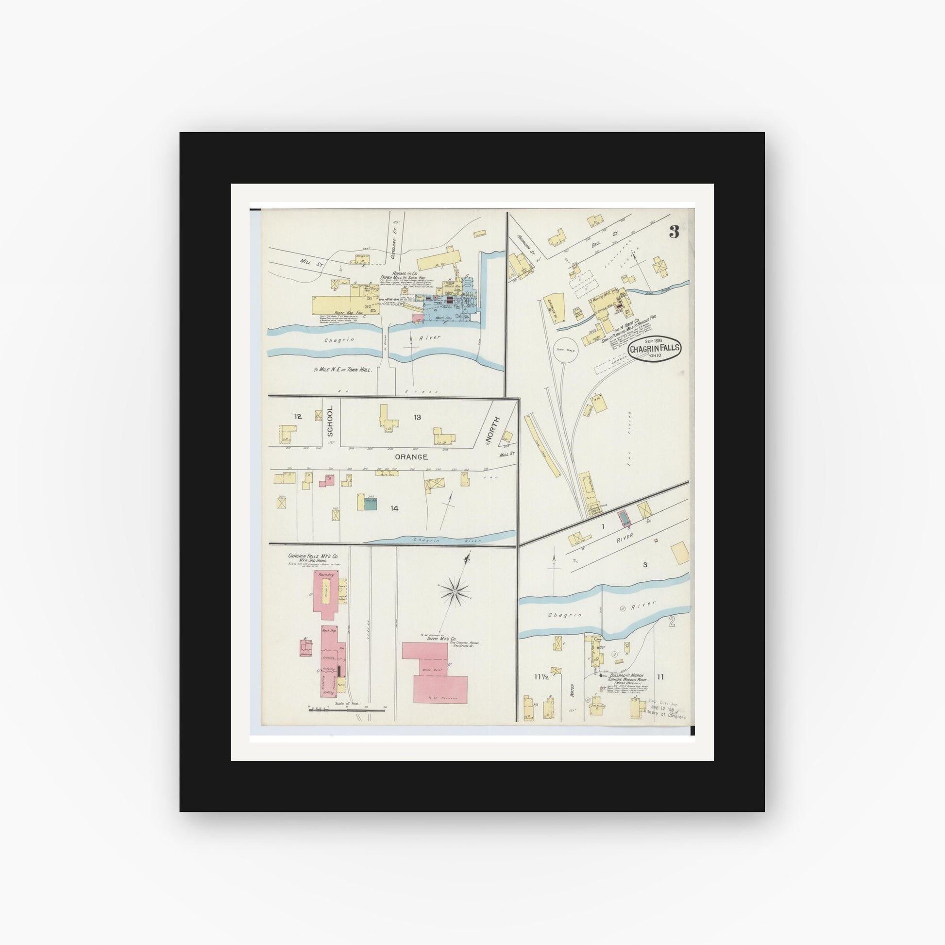 Old map wall art mockup — black gallery frame with white mat — Sanborn Fire Insurance Map from Chagrin Falls, Cuyahoga County, Ohio (1893), Sheet #0003