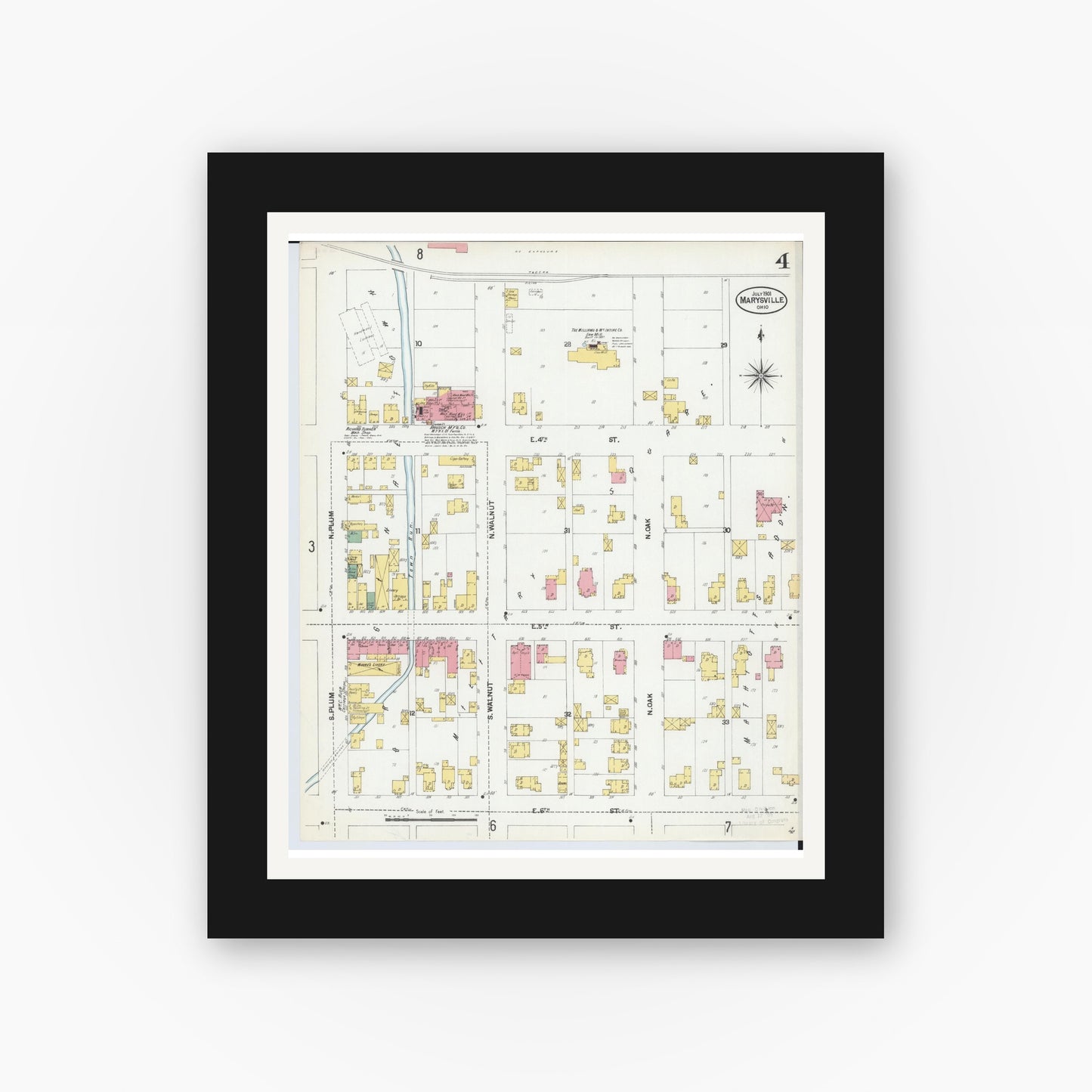 Old map wall art mockup — black gallery frame with white mat — Sanborn Fire Insurance Map from Marysville, Union County, Ohio (1901), Sheet #0004