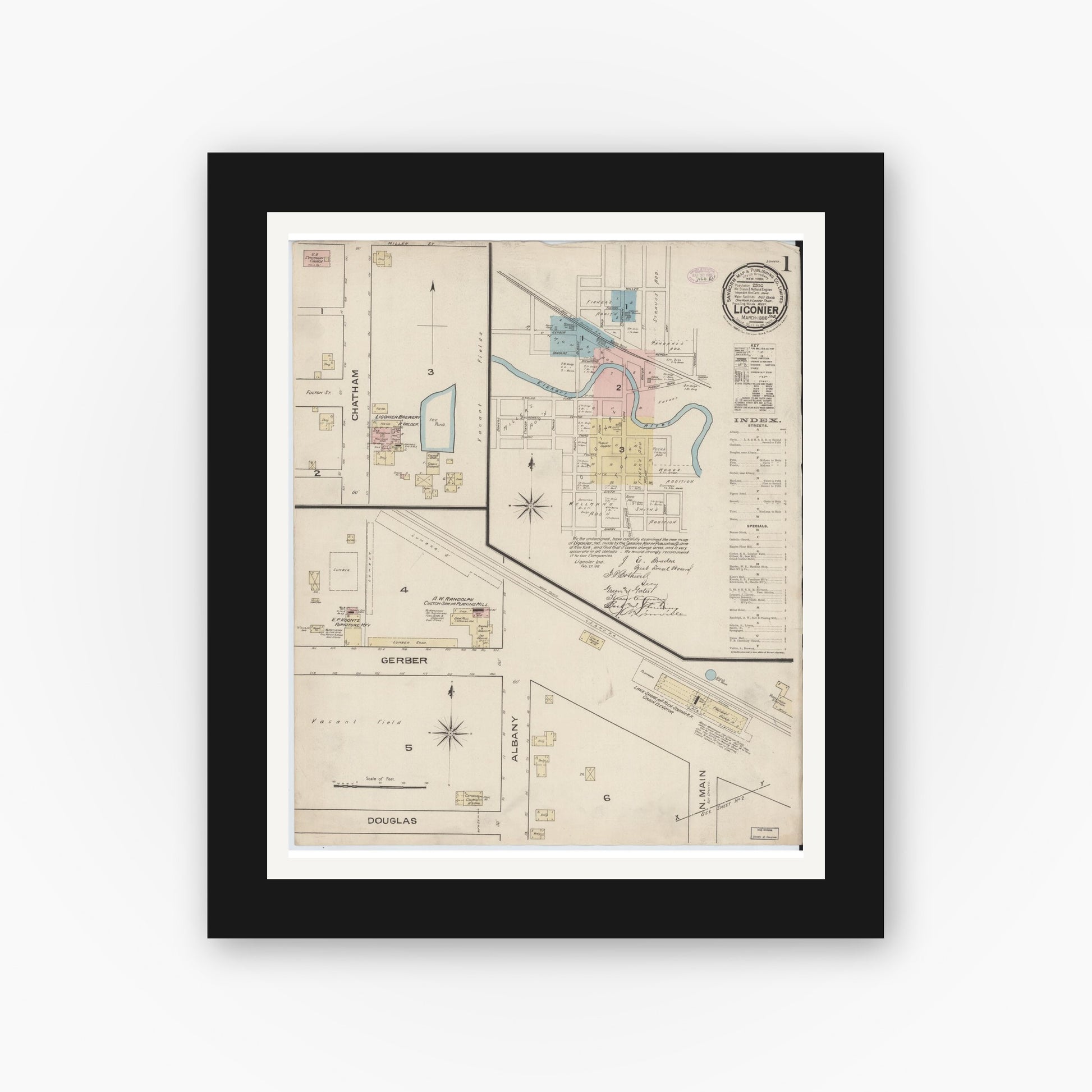 Old map wall art mockup — black gallery frame with white mat — Sanborn Fire Insurance Map from Ligonier, Noble County, Indiana (1886) - Complete Map Set