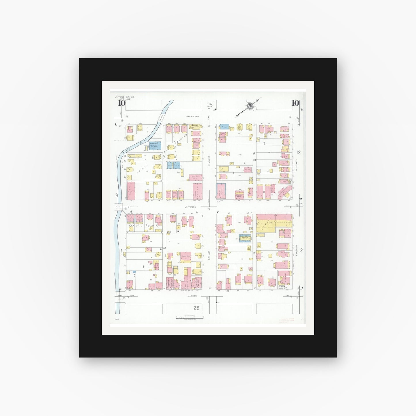 Old map wall art mockup — black gallery frame with white mat — Sanborn Fire Insurance Map from Jefferson City, Cole County, Missouri (1939), Sheet #0010