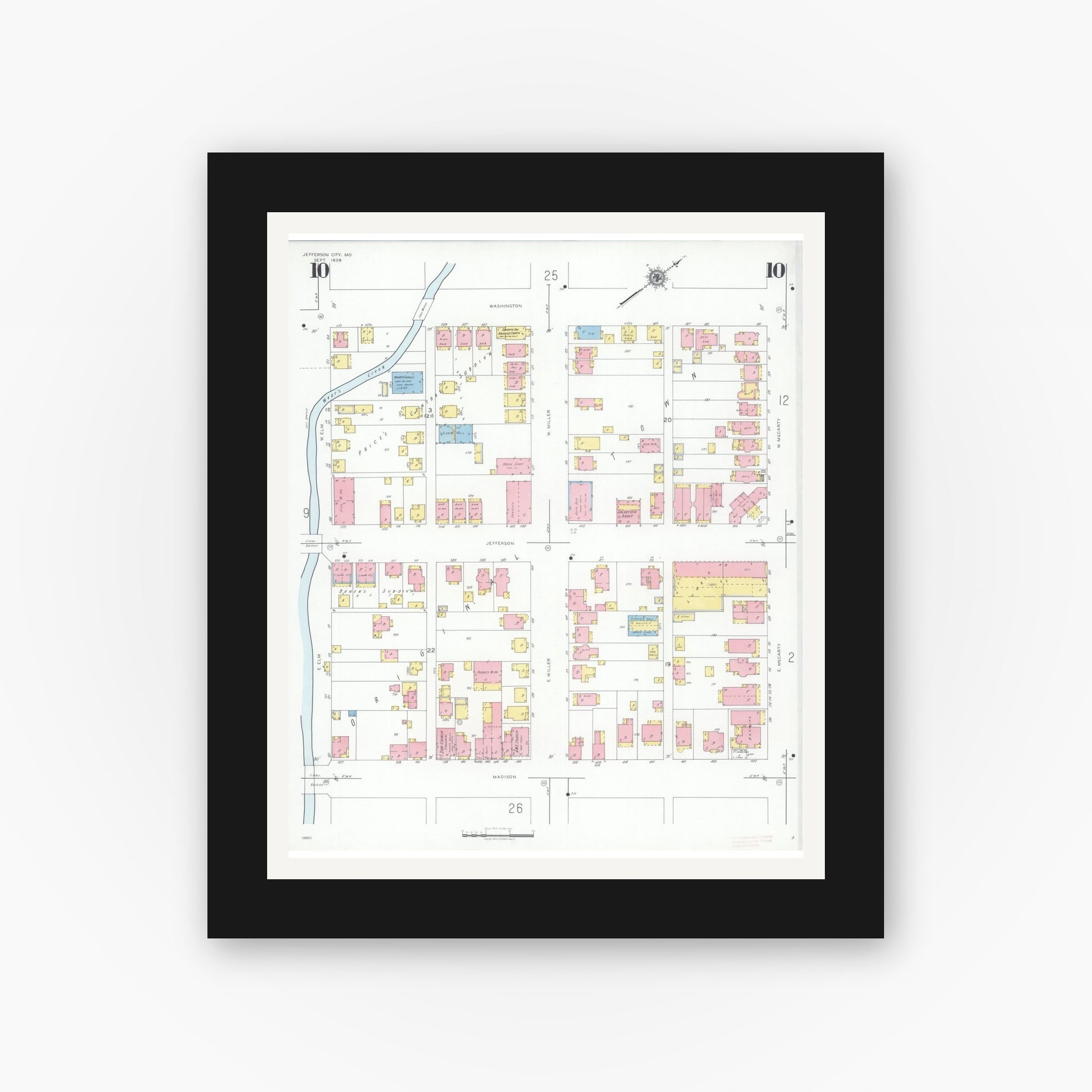 Old map wall art mockup — black gallery frame with white mat — Sanborn Fire Insurance Map from Jefferson City, Cole County, Missouri (1939), Sheet #0010