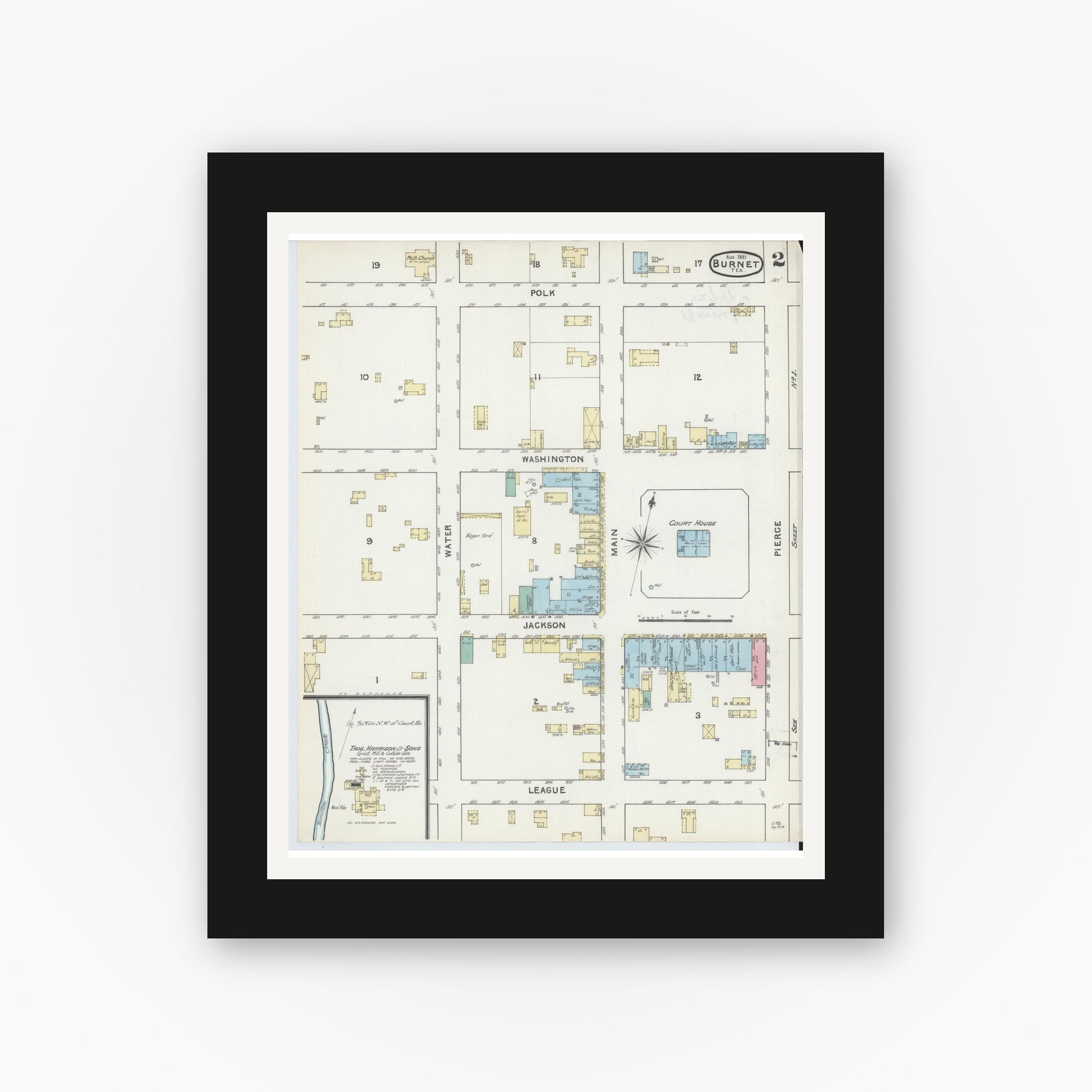 Old map wall art mockup — black gallery frame with white mat — Sanborn Fire Insurance Map from Burnet, Burnet County, Texas (1891), Sheet #0002