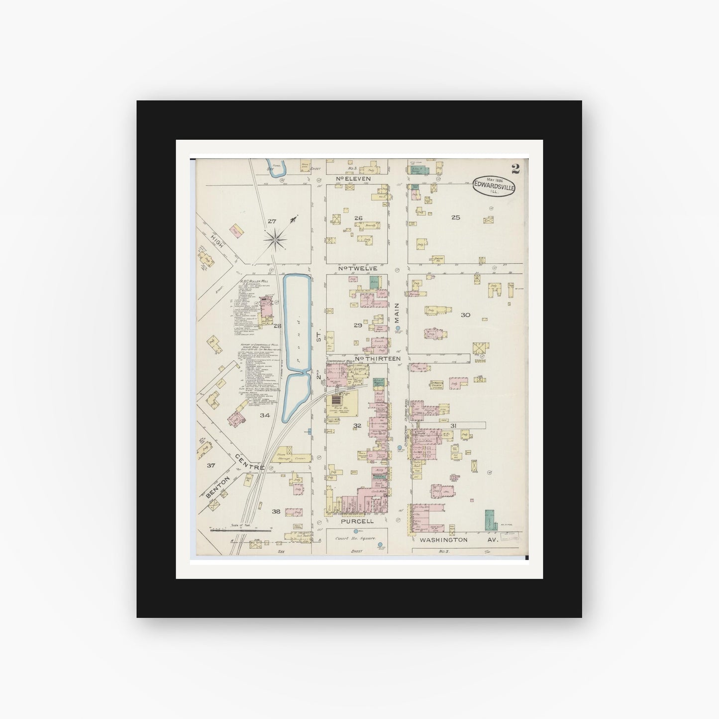 Old map wall art mockup — black gallery frame with white mat — Sanborn Fire Insurance Map from Edwardsville, Madison County, Illinois (1886), Sheet #0002