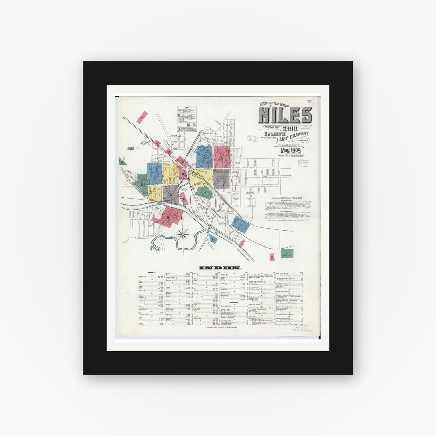 Old map wall art mockup — black gallery frame with white mat — Sanborn Fire Insurance Map from Niles, Trumbull County, Ohio (1909), Sheet #0001