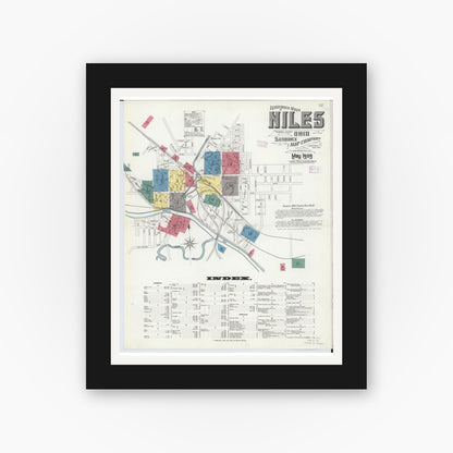 Old map wall art mockup — black gallery frame with white mat — Sanborn Fire Insurance Map from Niles, Trumbull County, Ohio (1909), Sheet #0001