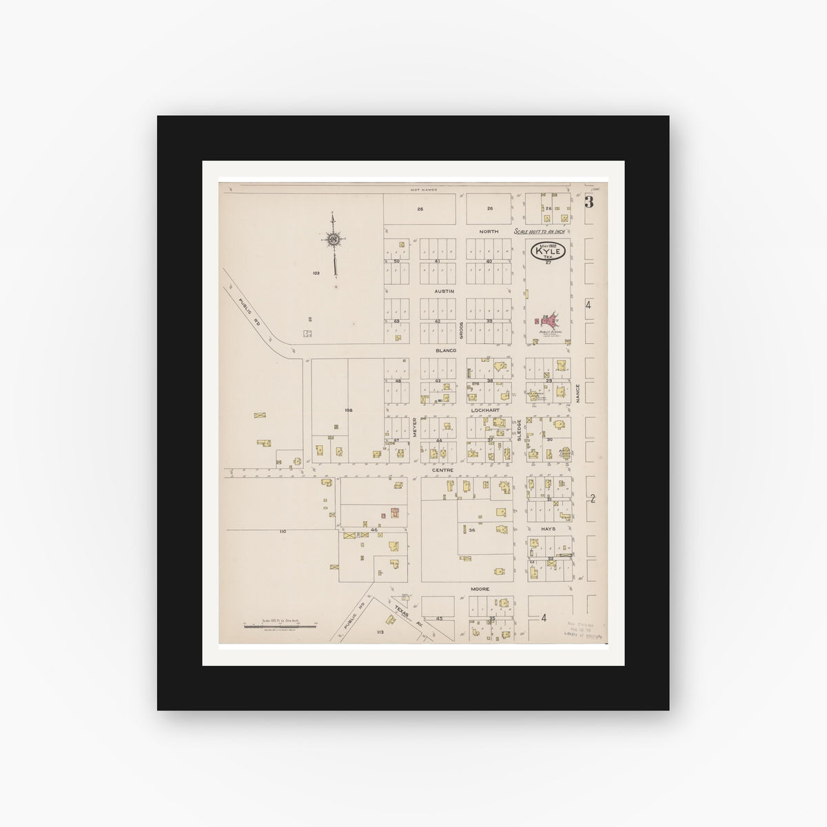 Old map wall art mockup — black gallery frame with white mat — Sanborn Fire Insurance Map from Kyle, Hays County, Texas (1922), Sheet #0003