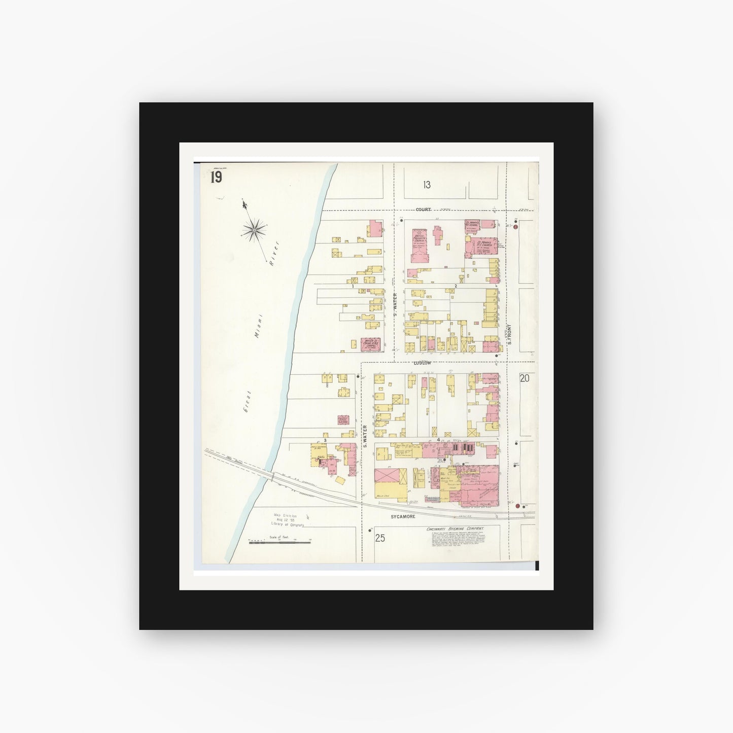 Old map wall art mockup — black gallery frame with white mat — Sanborn Fire Insurance Map from Hamilton, Butler County, Ohio (1899), Sheet #0019