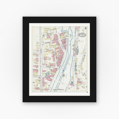 Old map wall art mockup — black gallery frame with white mat — Sanborn Fire Insurance Map from Whitehall, Washington County, New York (1891), Sheet #0003
