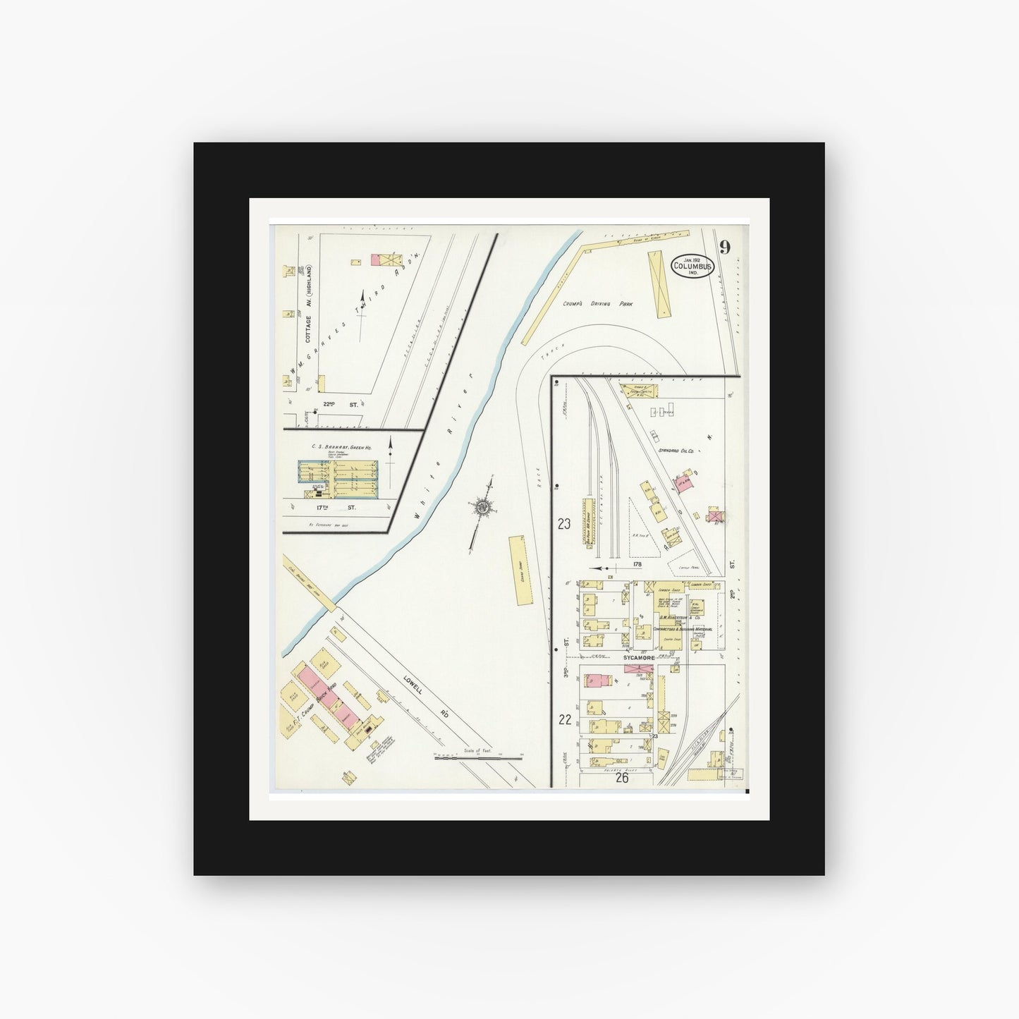 Old map wall art mockup — black gallery frame with white mat — Sanborn Fire Insurance Map from Columbus, Bartholomew County, Indiana (1912), Sheet #0009