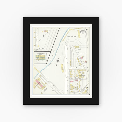 Old map wall art mockup — black gallery frame with white mat — Sanborn Fire Insurance Map from Columbus, Bartholomew County, Indiana (1912), Sheet #0009