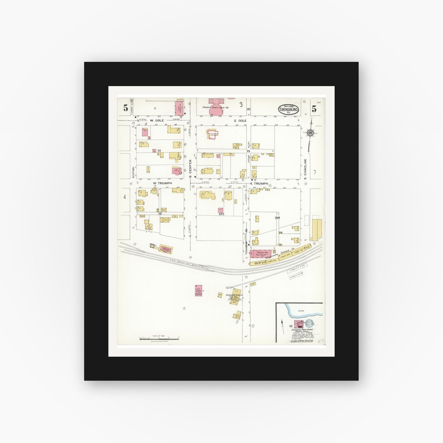 Old map wall art mockup — black gallery frame with white mat — Sanborn Fire Insurance Map from Ebensburg, Cambria County, Pennsylvania (1923), Sheet #0005