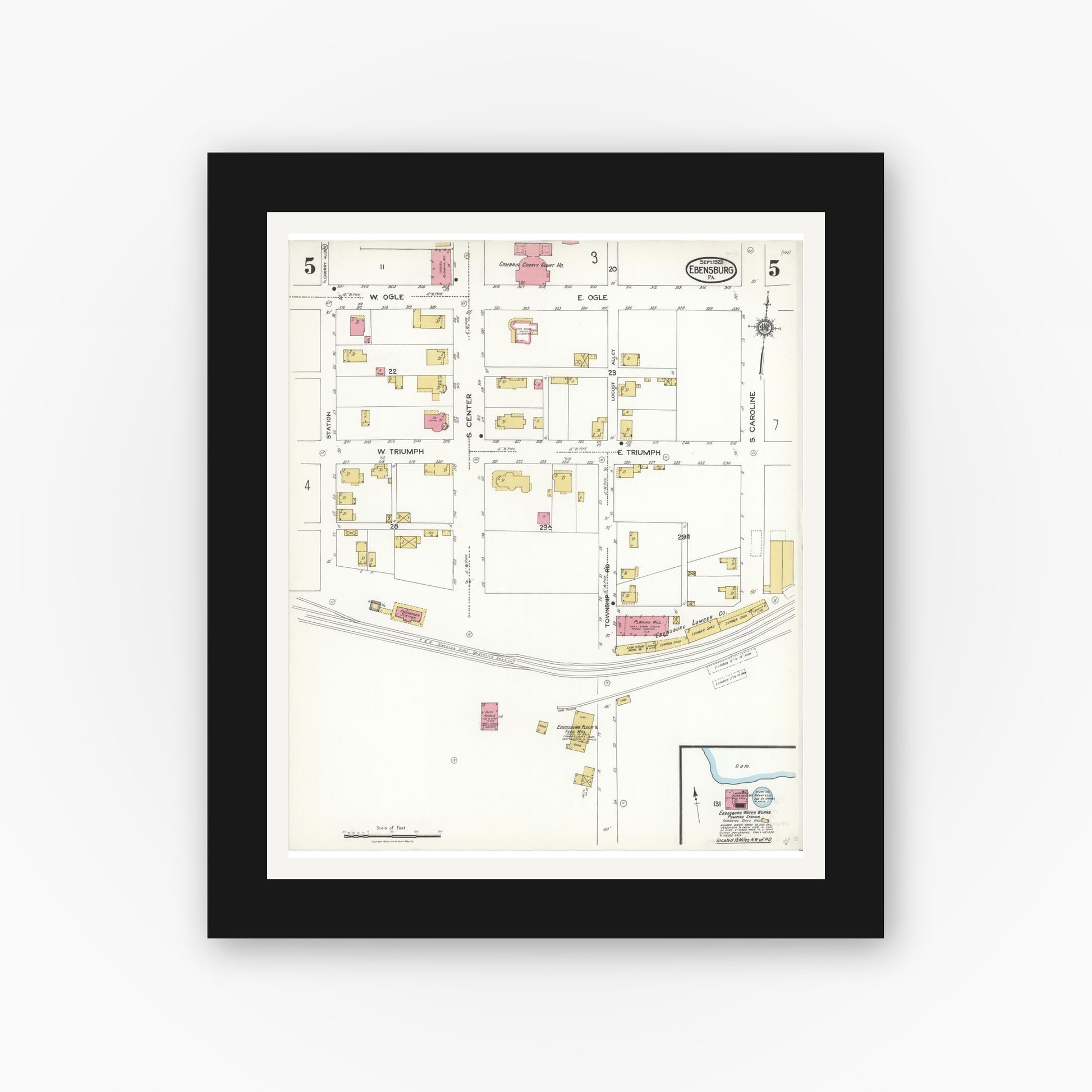 Old map wall art mockup — black gallery frame with white mat — Sanborn Fire Insurance Map from Ebensburg, Cambria County, Pennsylvania (1923), Sheet #0005