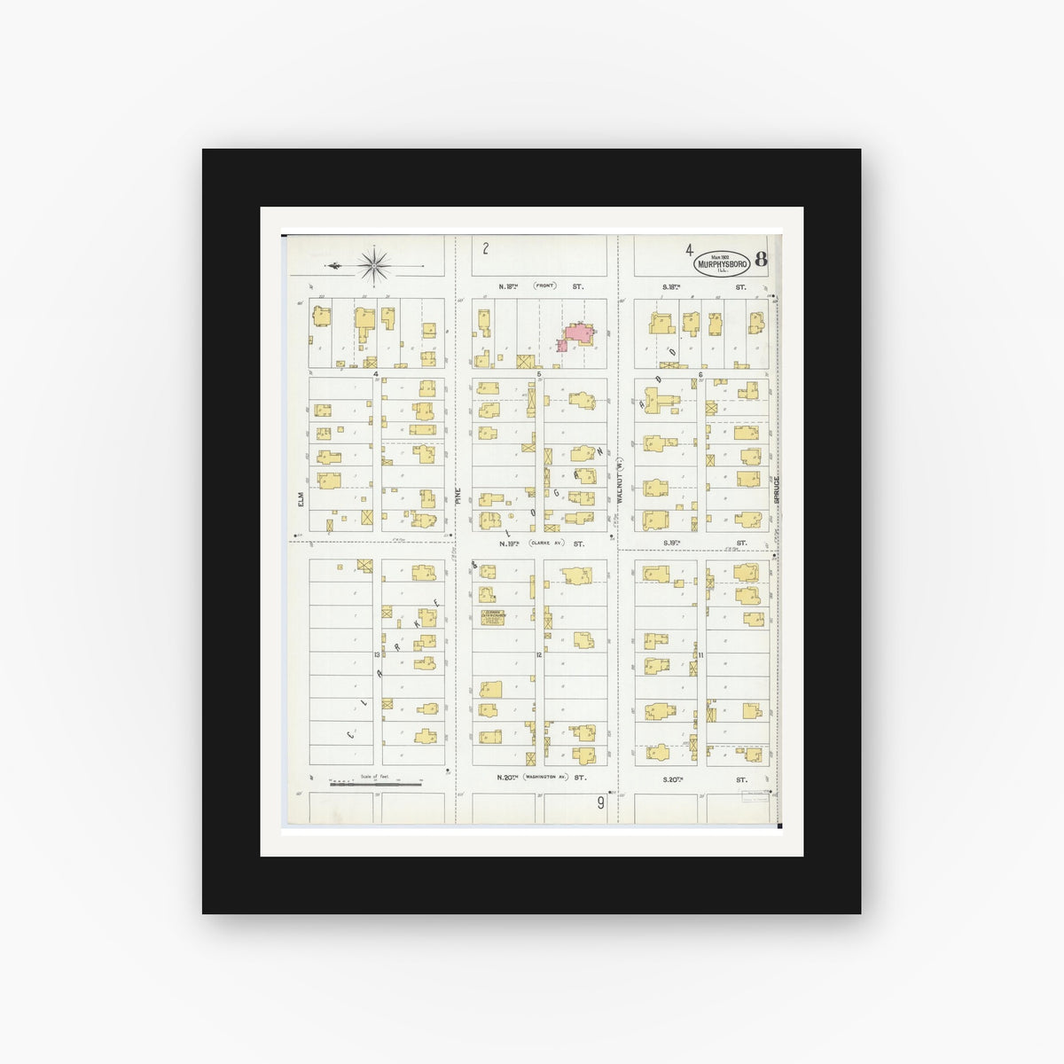 Old map wall art mockup — black gallery frame with white mat — Sanborn Fire Insurance Map from Murphysboro, Jackson County, Illinois (1902), Sheet #0008