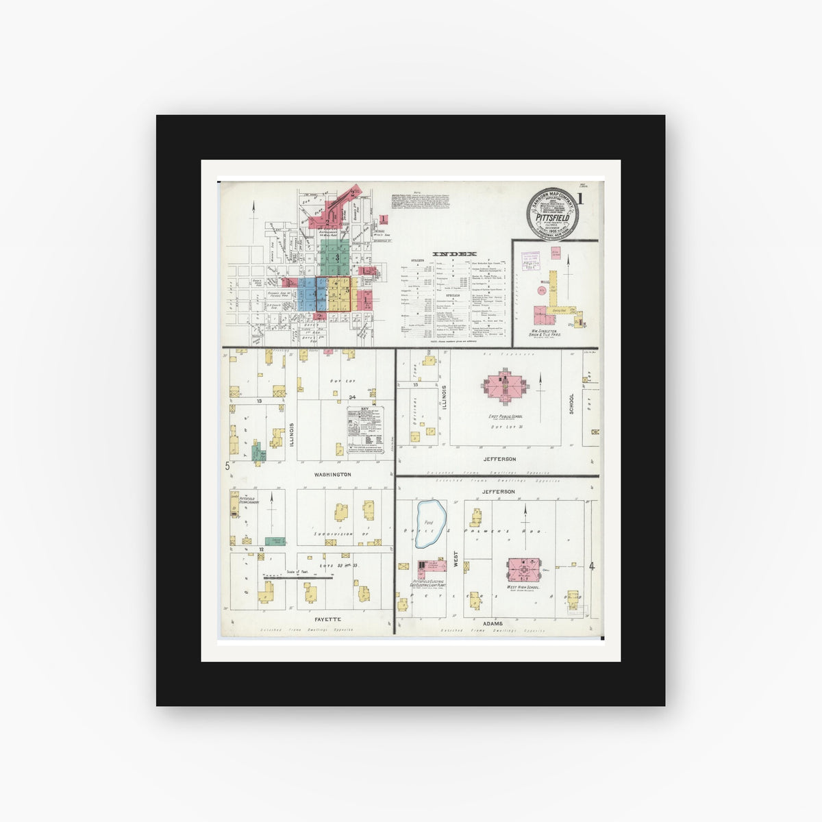 Old map wall art mockup — black gallery frame with white mat — Sanborn Fire Insurance Map from Pittsfield, Pike County, Illinois (1905), Sheet #0001